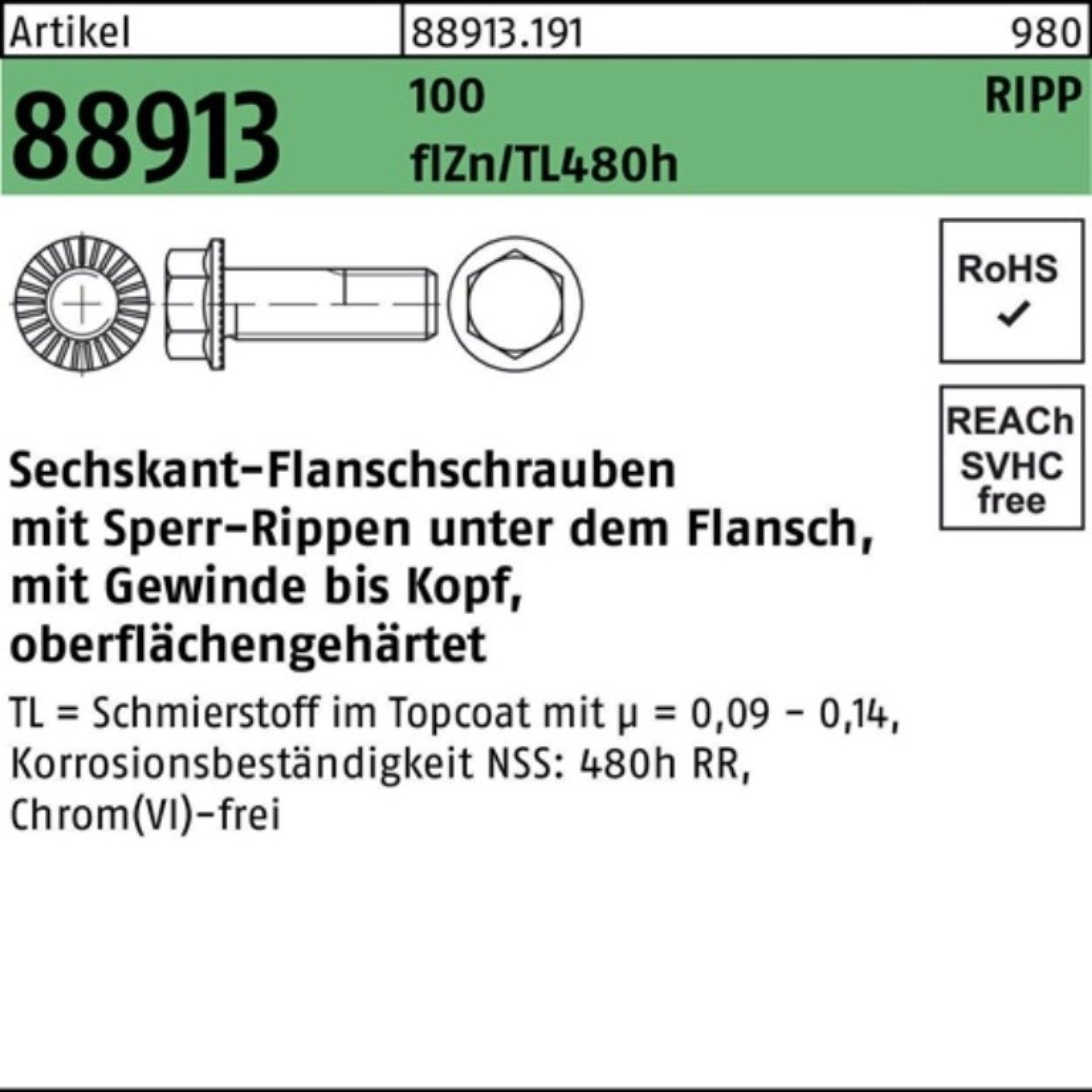 Reyher Schraube 100er Pack Sechskantflanschschraube R 88913 Sperr-Ripp VG M12x30 100 f