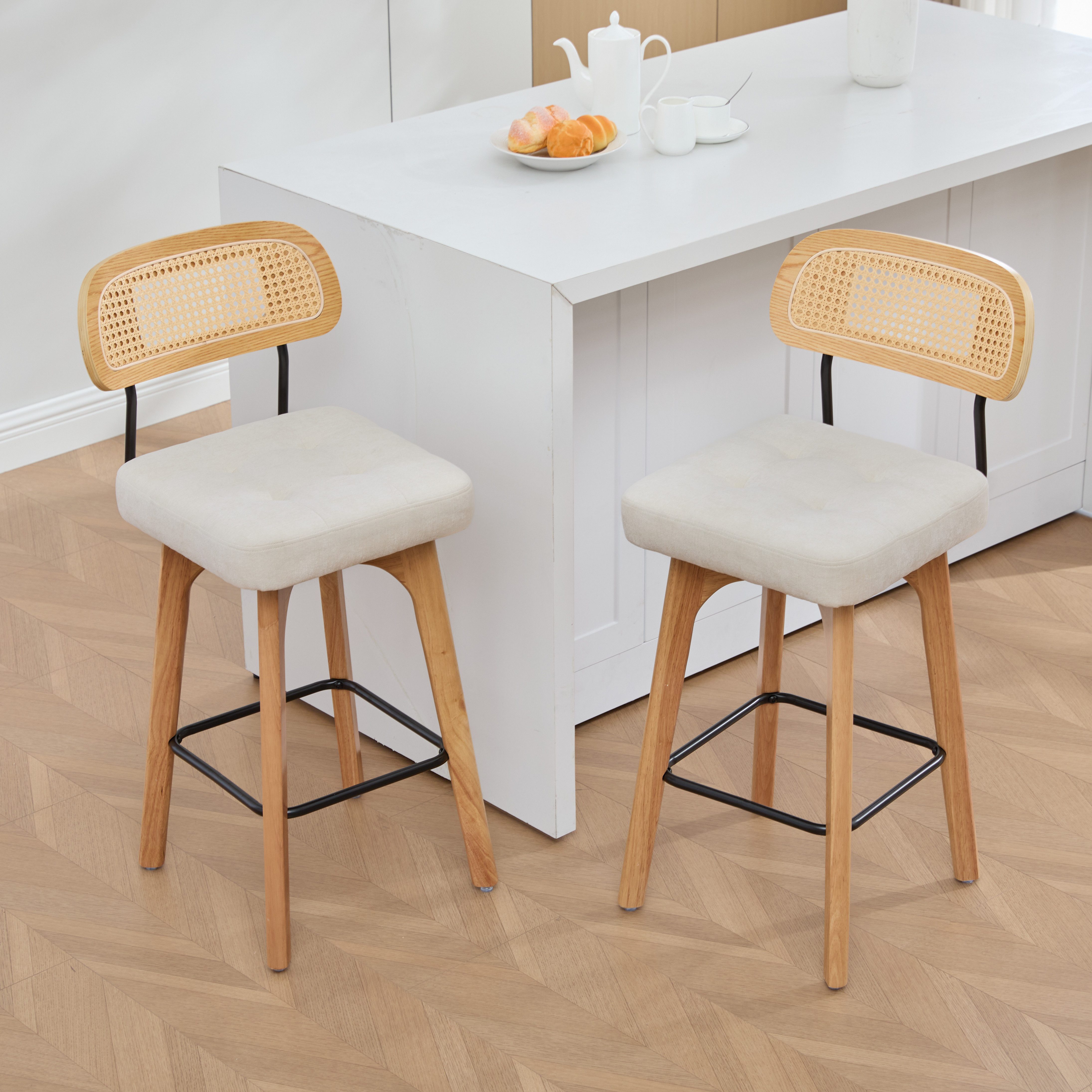 i@home Bistrostuhl 360° drehbare Barhocker,Küchen-und Frühstücksbarhocker mit Rückenlehne (Packung, 2 St), Rückenlehne aus Rattan mit gepolsterter Sitzfläche, weiß, 44x51x96 cm