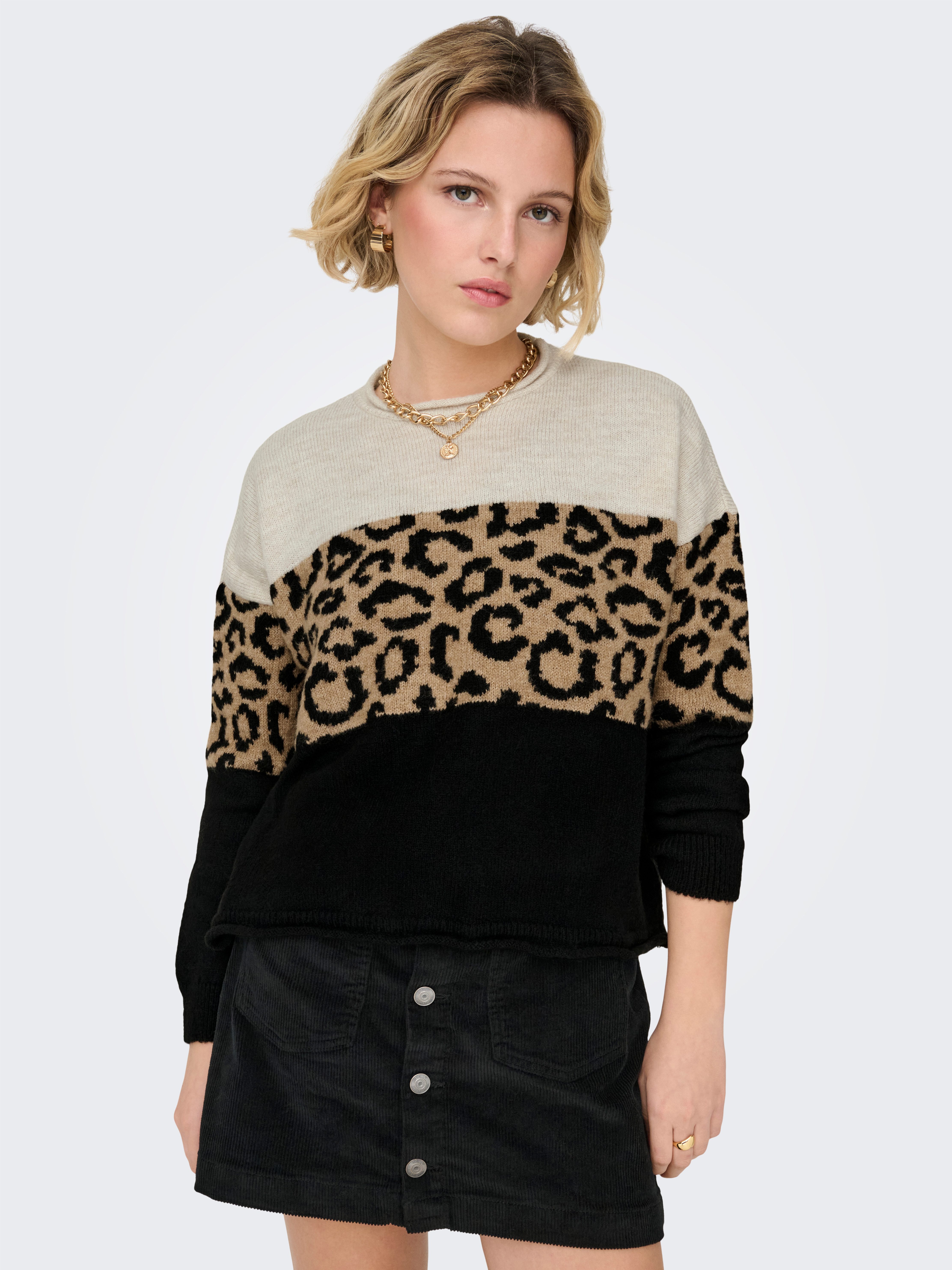ONLY Rundhalspullover ONLJADE ANIMAL LS O-NECK NOOS KNT Kunstfaser, regular fit