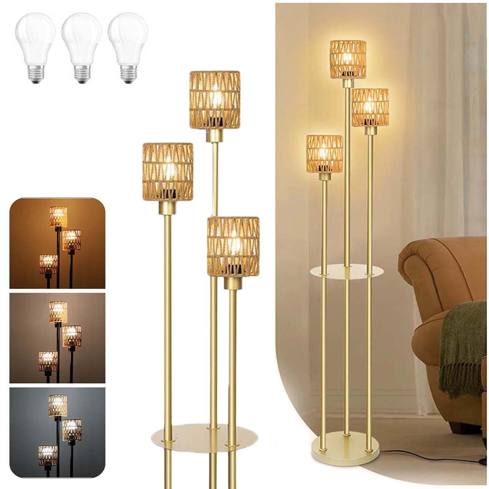 Stehlampe Boho Stehlampe 3 Flammig Vintage, E27 Rattanschirme Lampen mit Regal