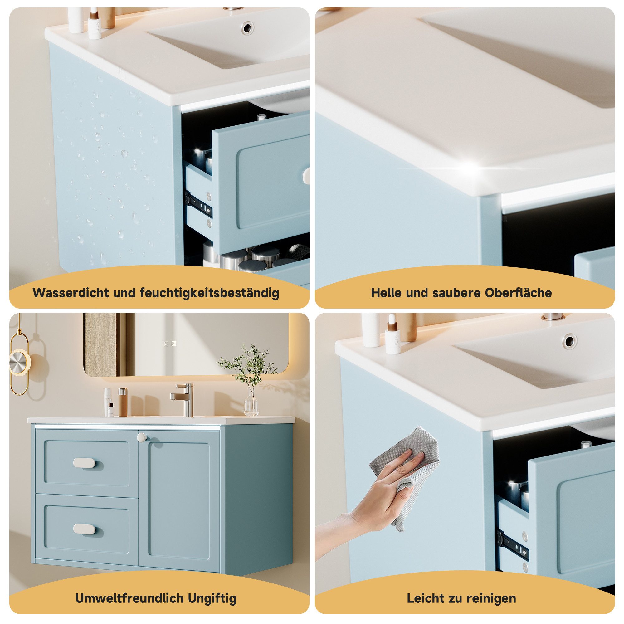 Odikalo Waschtisch Badmöbel mit LED-Radarsensor-Beleuchtung & Schubladen, wandhängend (76x46x51cm Badezimmer-Hängeschrank, komplett lackiert, leise Gleitschienen, integriertes Waschbecken)