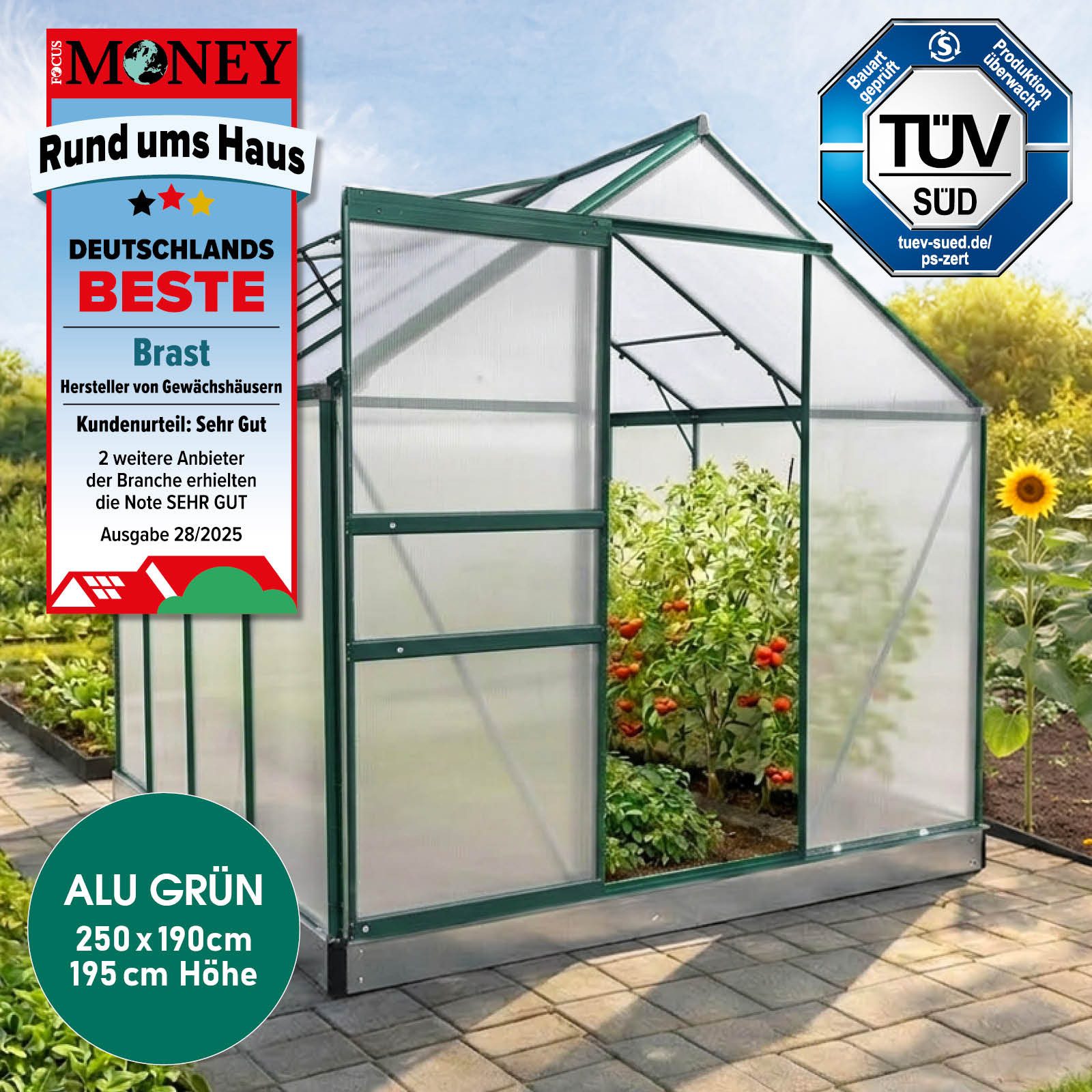 BRAST Gewächshaus ALU mit Fundament rostfrei 250x190x195cm TÜV geprüft, BxTxH: 190 x 250 x 195 cm, wetterfestes hochwertiges Aluminium, Temperaturbeständig, Wärmedämmend, Lichtbrechend & UV-stabilisiert