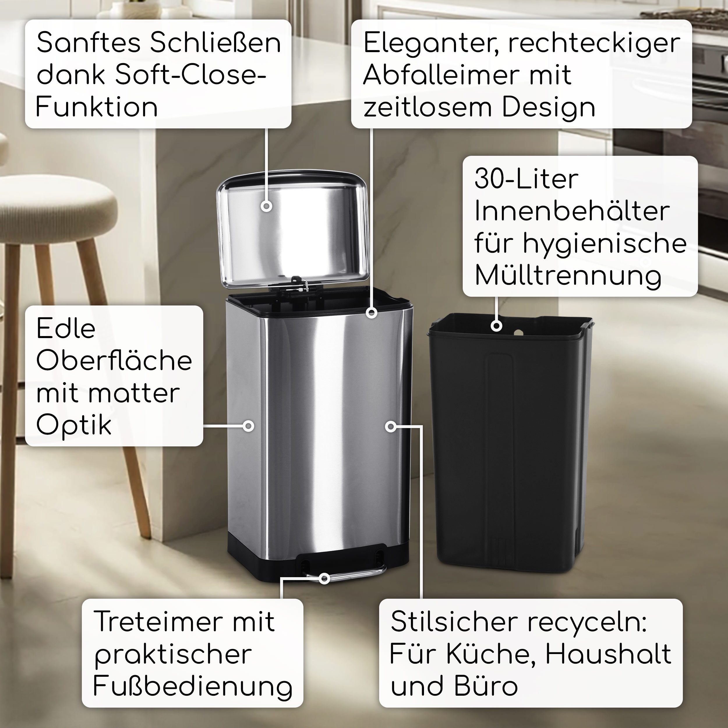 Raburg Mülleimer Abfalleimer 30 L – Treteimer mit Deckel & SoftClose, Modell Sammy, rechteckig, mit Inneneimer, hygienisch, langsam schließend