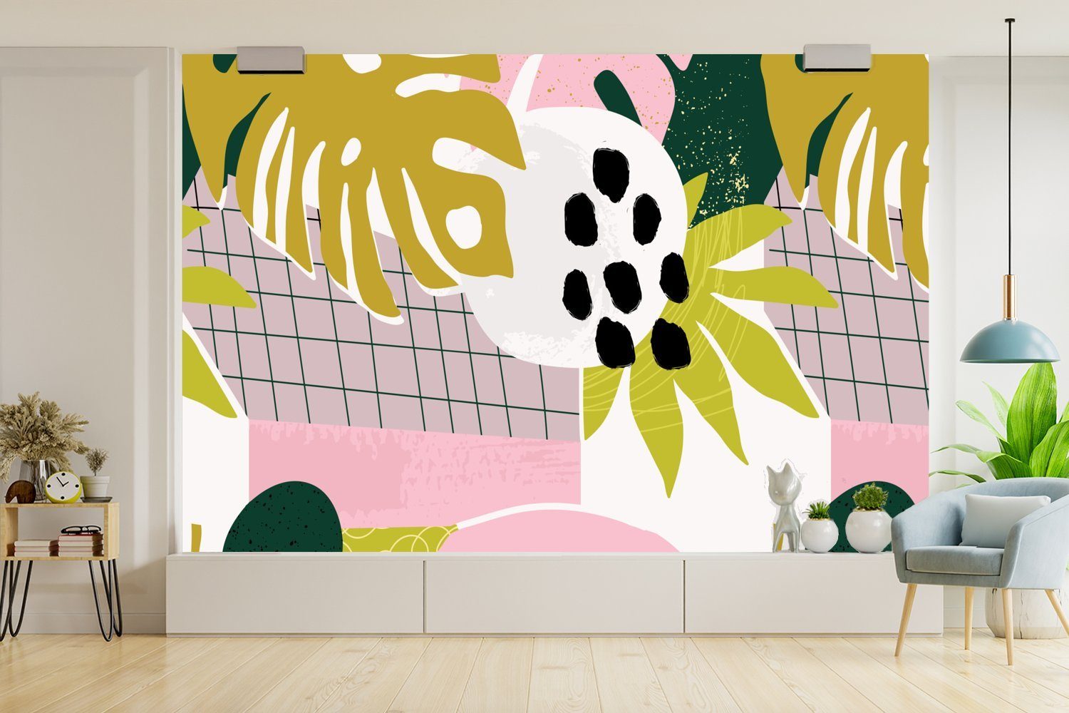 Schlafzimmer, - St), Wallpaper Fototapete Tapete (6 bedruckt, Matt, - Muster, Tropische Vinyl Wohnzimmer, - für Rosa Kinderzimmer, Gelb Pflanzen MuchoWow