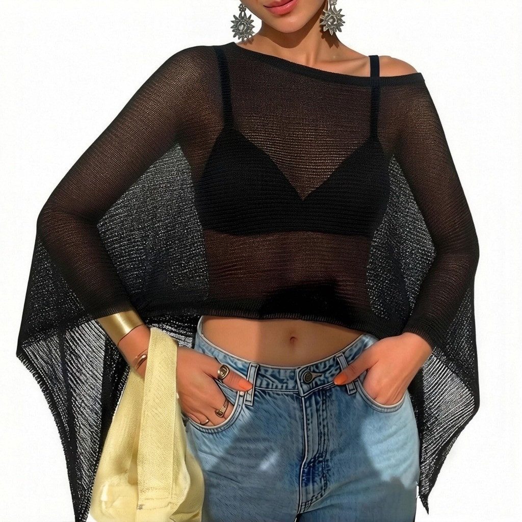 nsihing Schal Strandponcho Damen Schal, Transparenter Häkelponcho Sommer, Schulterfreies Cover-Up für Strand, Pool & Urlaub