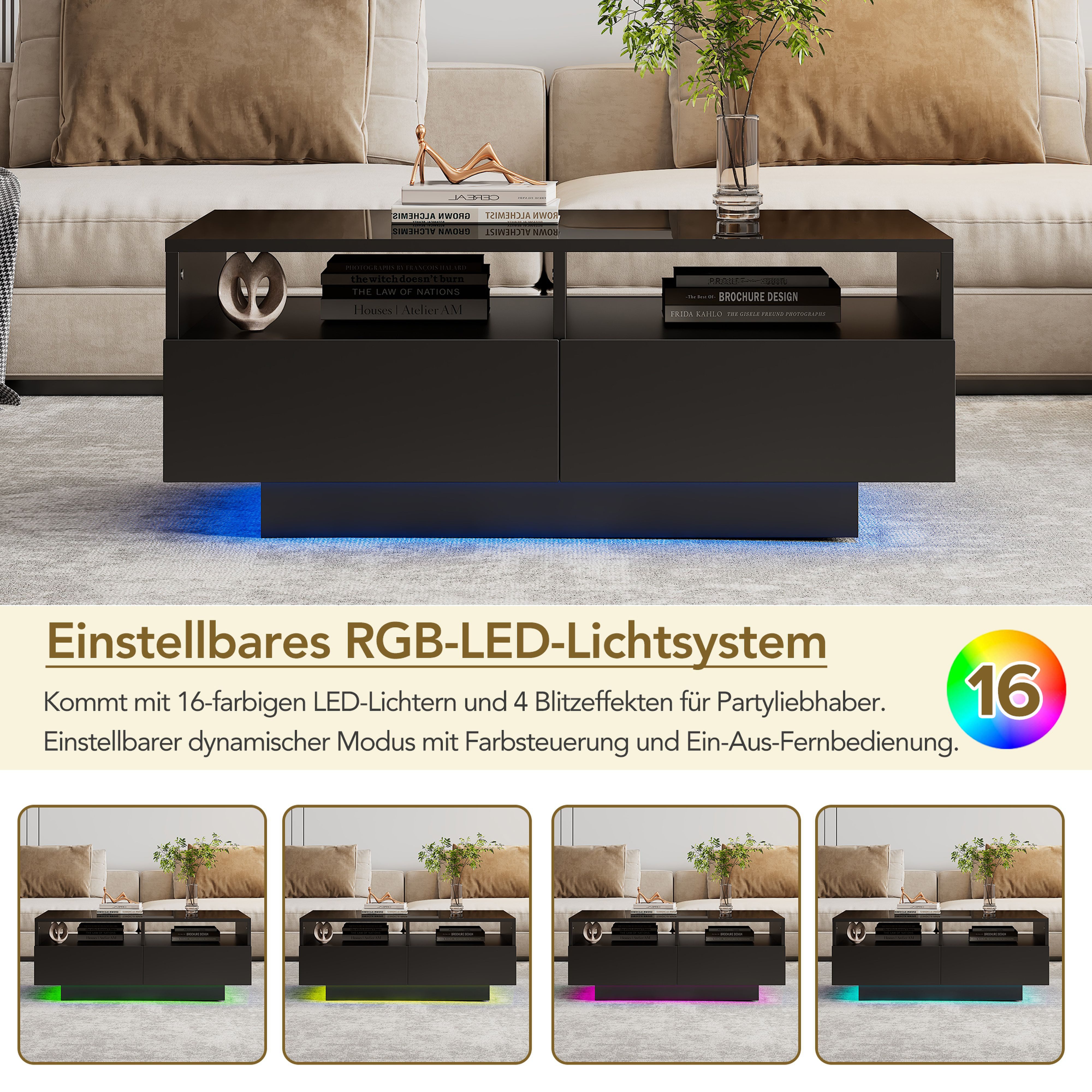 BlingBin Couchtisch LED Hochglanz Couchtisch mit 4 Schubladen, Sofatisch, Wohnzimmertisch (1er Set, 1-St., Belastba: 30kg; USB-Schnittstelle Lichtleiste mit Fernbedienung), Modern Center Table mit 16 Farben LED Lichter für Wohnzimmer