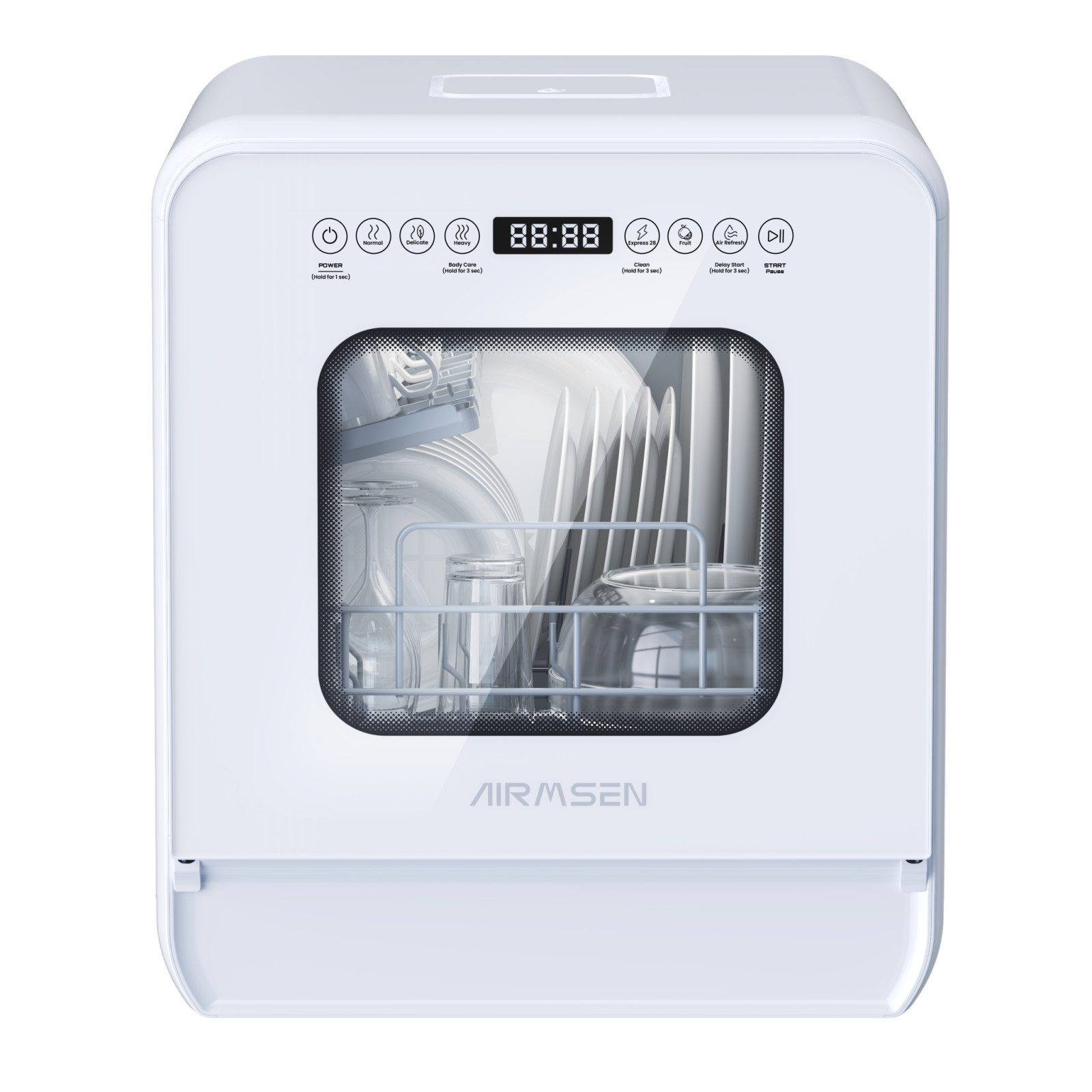 Airmsen Tischgeschirrspüler ZMW-DUHC01 Mini Geschirrspüler mit wassertank,9 Programme,37 * 50cm Ultra-Schmal & Tief, 1-24H Timer, 5 l, 4 Maßgedecke, Kompakt,Erweiterbarer Spülkorb