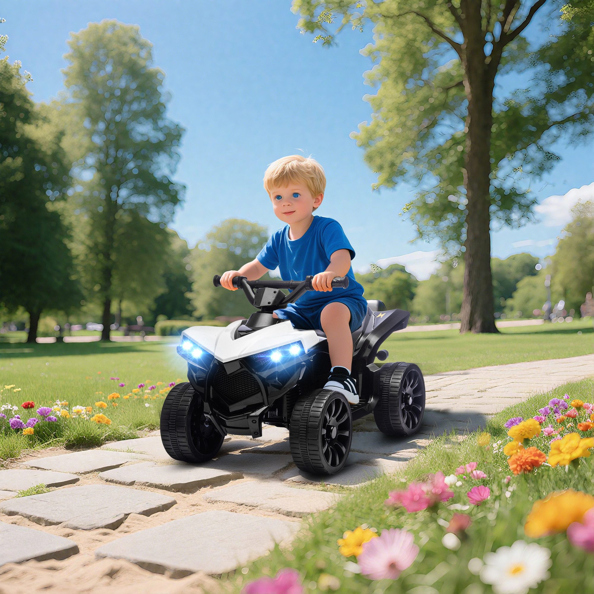 AIYAPLAY Elektro-Kinderquad 6V Elektro Quad für Kinder mit Vorwärts-, Rückwärtsfunktion, Musik, Belastbarkeit 25 kg, (1-tlg), mit LED-Scheinwerfer, 4 Rädern, für 37-72 Monate Kinder, Weiß