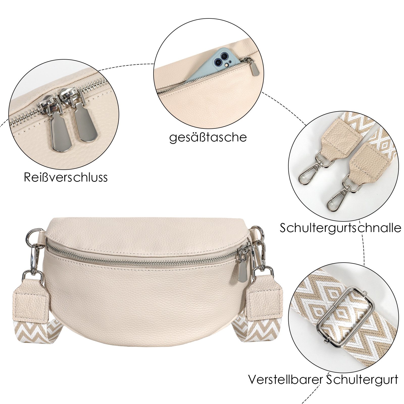 TAN.TOMI Schultertasche Umhängetasche Damen Klein Bauchtasche Damen Stylisch Crossbag, Bauchtasche,Umhängetasche, Echtleder – Bild 4 von 5
