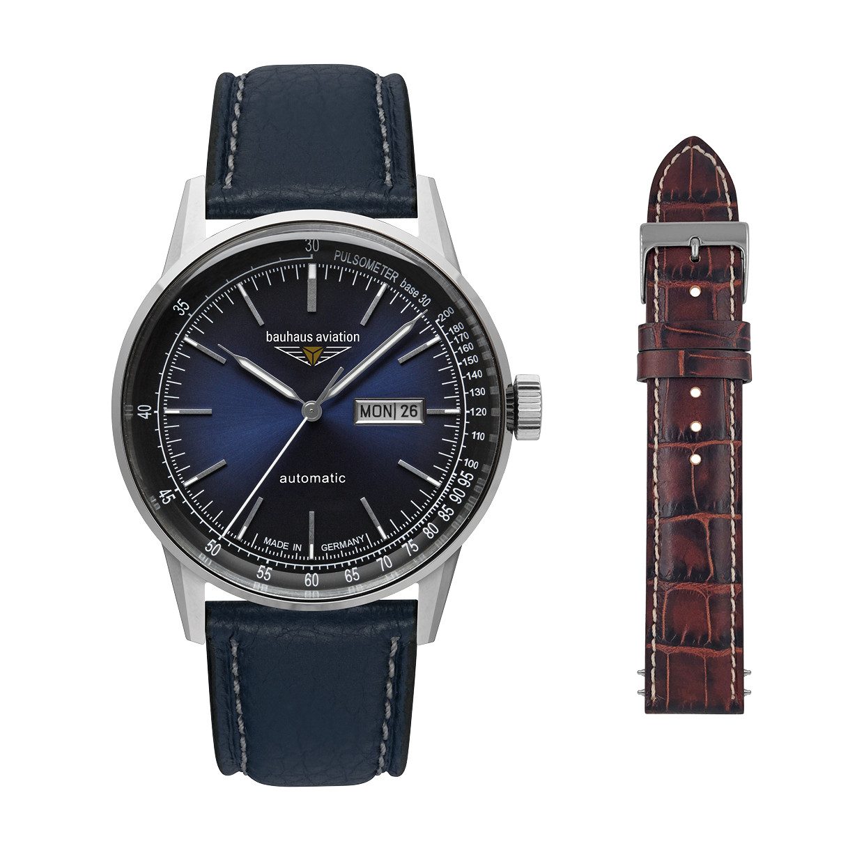 bauhaus Automatikuhr G38 Automatic 2366-3_SET, (Set, 2-tlg., mit Wechselarmband), Armbanduhr, Herrenuhr, Made in Germany, Mechanische Uhr, Lederarmband
