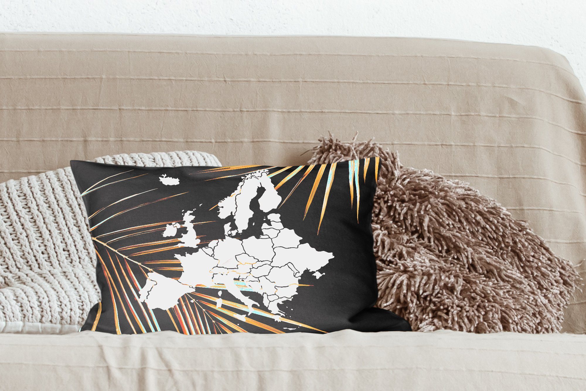 Dekokissen - Dekokissen Füllung, Europa Karte Wohzimmer - Palme, mit Zierkissen, MuchoWow Schlafzimmer Dekoration,