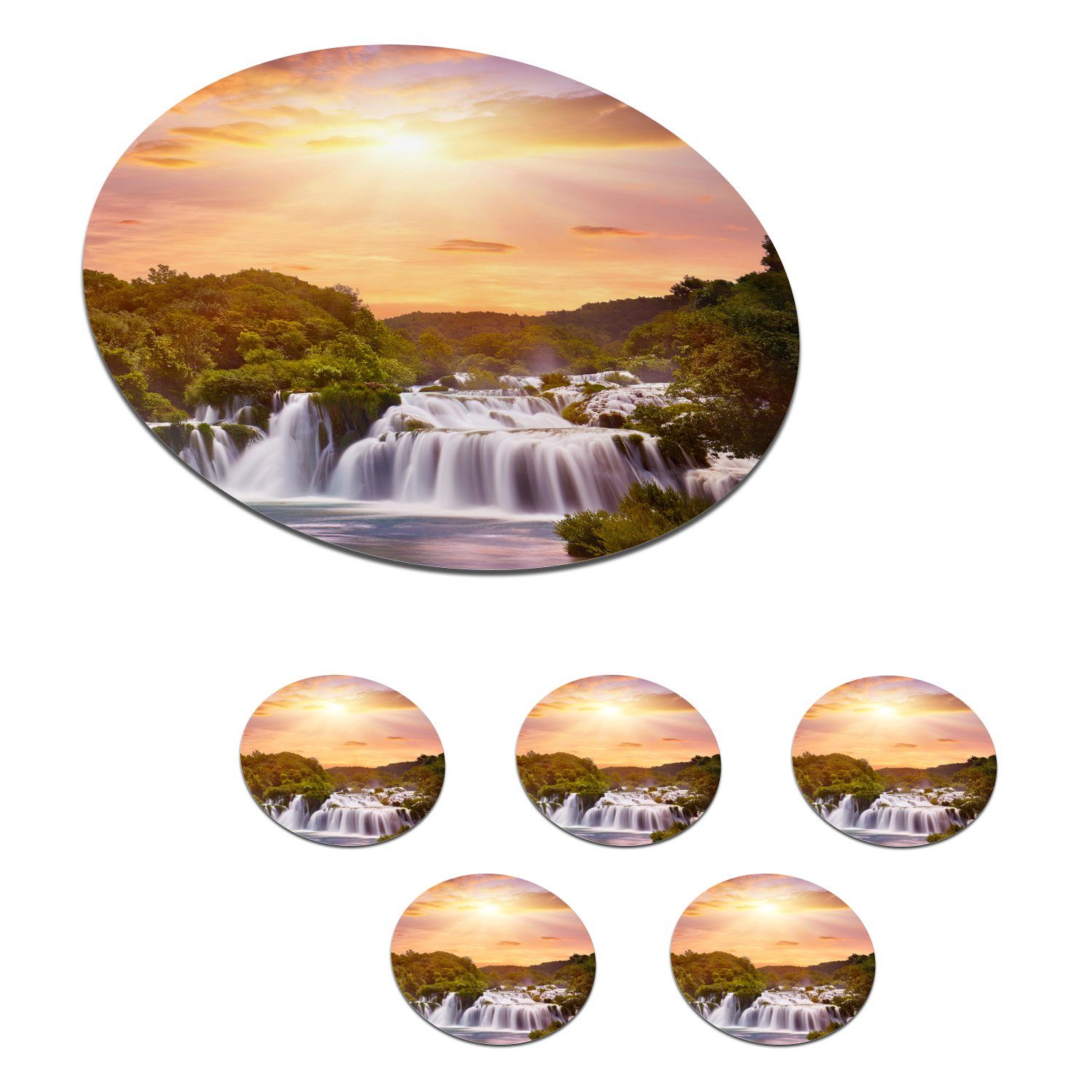 MuchoWow Glasuntersetzer Wasserfall - Landschaft - Sonne - Wolken - Sonnenuntergang, Zubehör für Gläser, 6-tlg., Getränkeuntersetzer, Tassenuntersetzer, Korkuntersetzer, Tasse, Becher