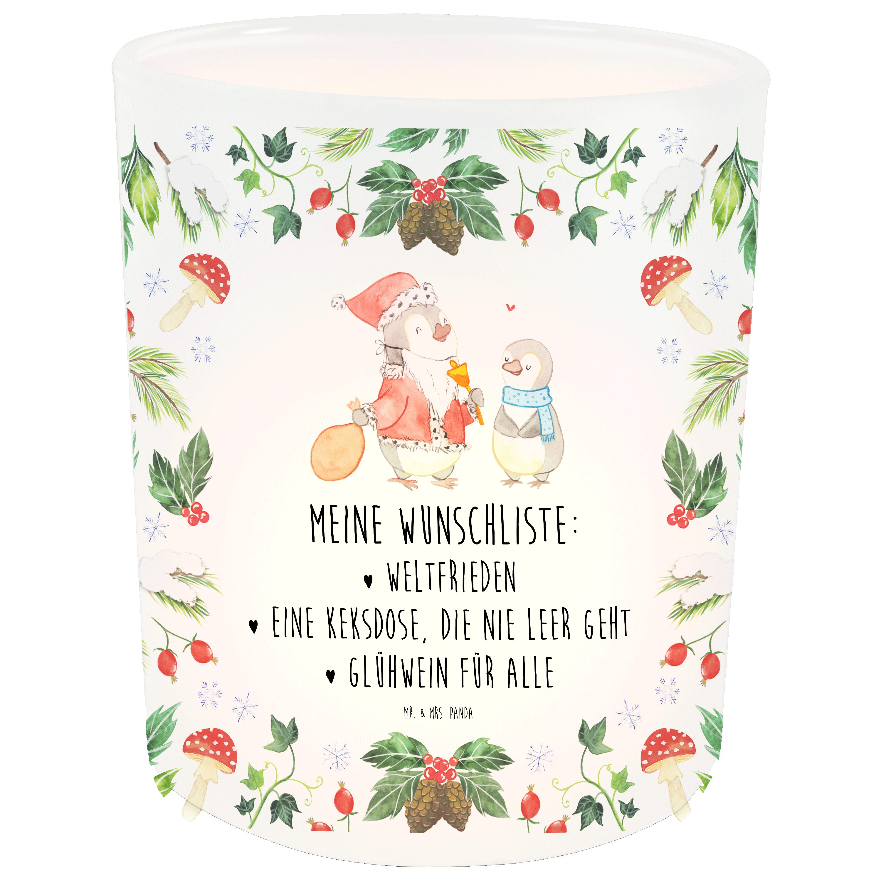 Mr. & Mrs. Panda Windlicht Pinguin Wunschliste - Transparent - Geschenk, Windlicht Kerze, Advent (1 St)