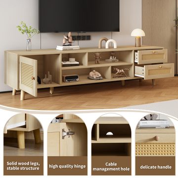 REDOM TV-Schrank (mit LED-Beleuchtung, 2 Schubladen, 1 Tür,für 70-Zoll-Fernseher) Premium 160 cm Holzfarbenes Rattan-TV-Ständer