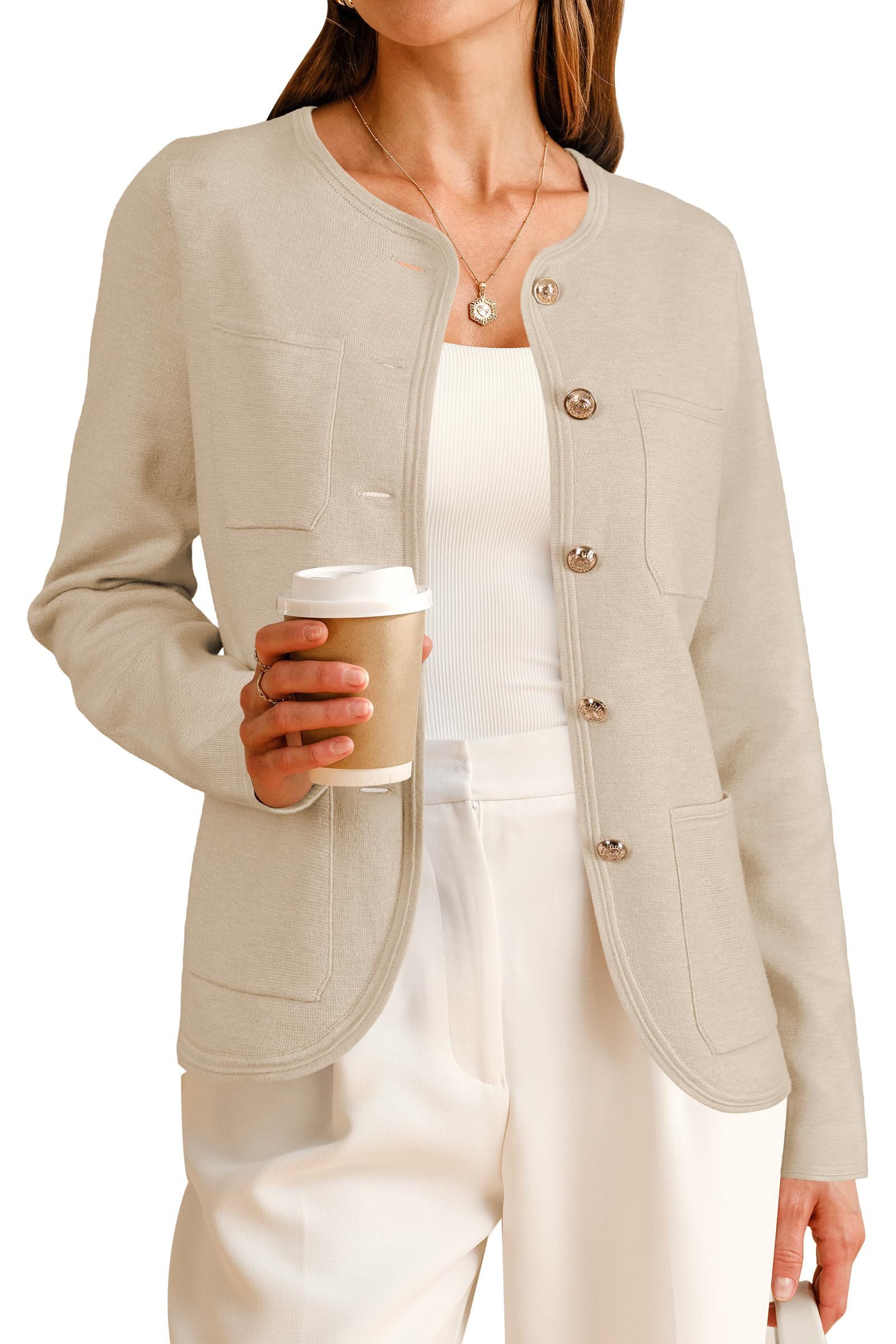 Arach&Cloz Jackett Damen Damen-Sweater-Blazer aus Wollmischung, Business-Casual-Jacke Herbst Button Down Anzugsakko Blusenblazer mit Taschen