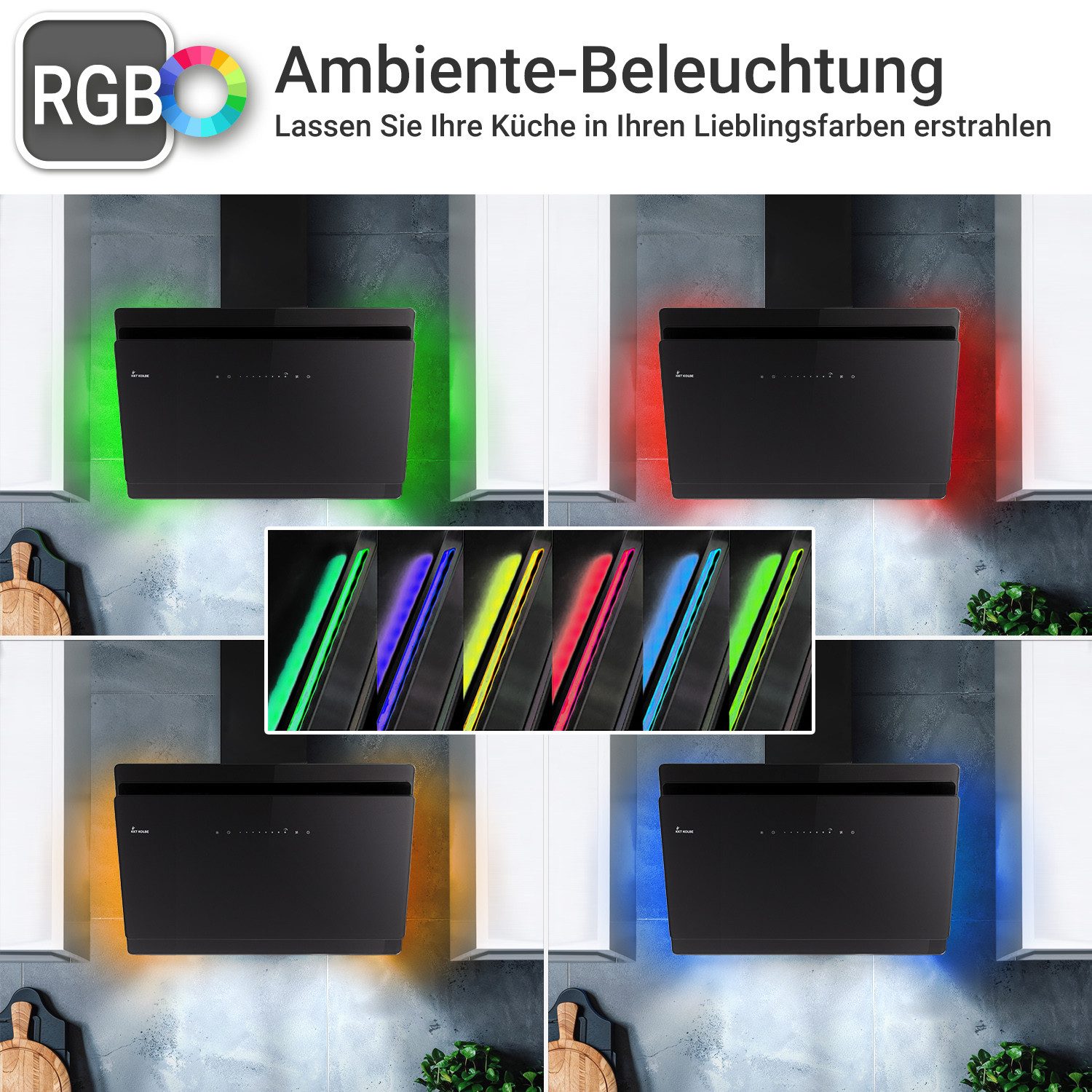 KKT KOLBE Wandhaube Dunstabzugshaube 80cm SOLO8005SM RGBW Ambientebeleuchtung Dunstabzugshaube 80cm SOLO8005SM RGBW Ambientebeleuchtung, Kopffrei / 80cm / Smarte WiFi-App / Schwarz / Glas / Schräghaube
