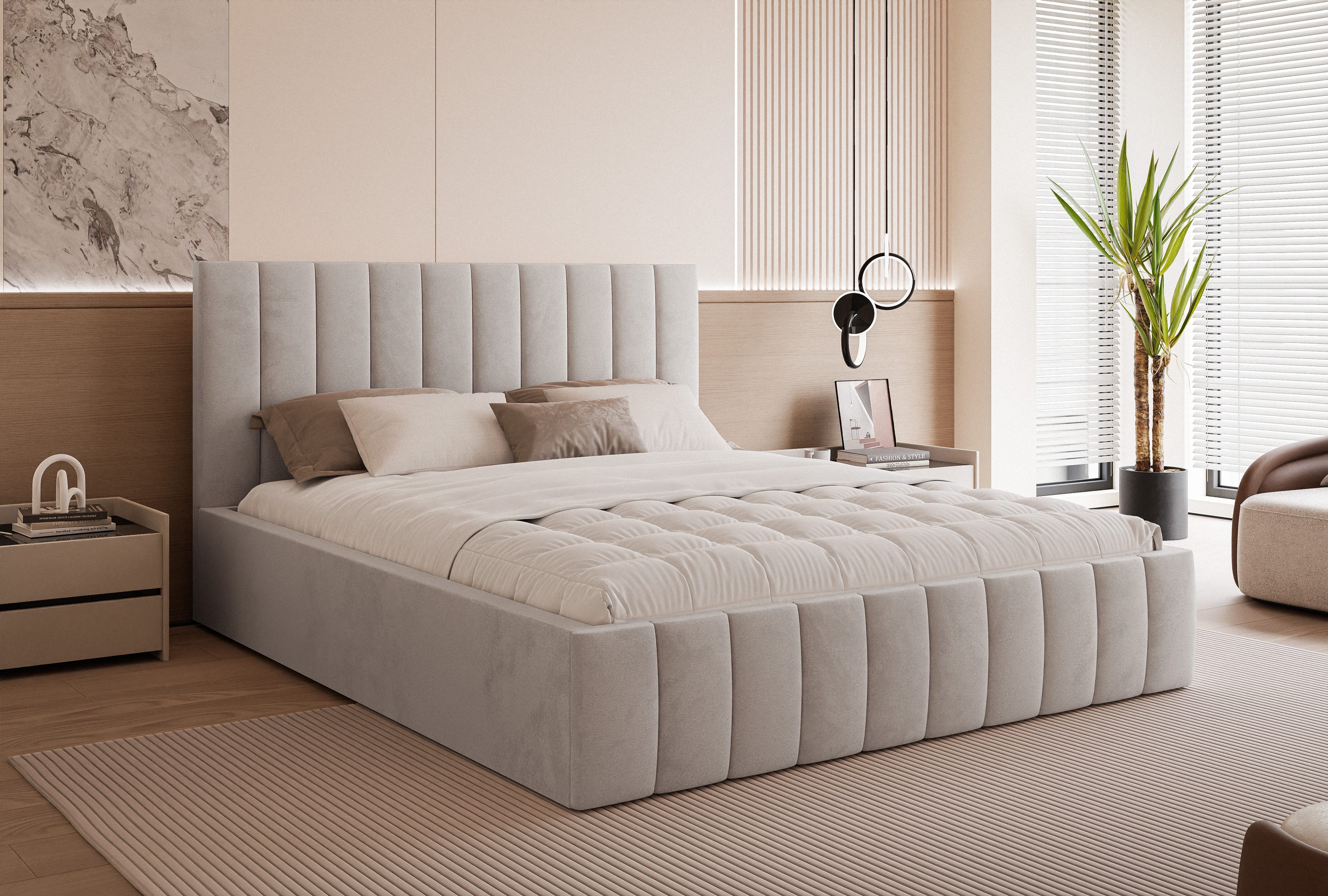 Goldstoff Polsterbett Elegantes Bett "ELVANO" mit hohem Kopfteil und großem Stauraumfach (120–200x200 cm, Kopfteilhöhe: 90/110 cm, Seitenhöhe: 25/40 cm), Schlafkomfort trifft Design – stilvolles Bett mit Stauraum