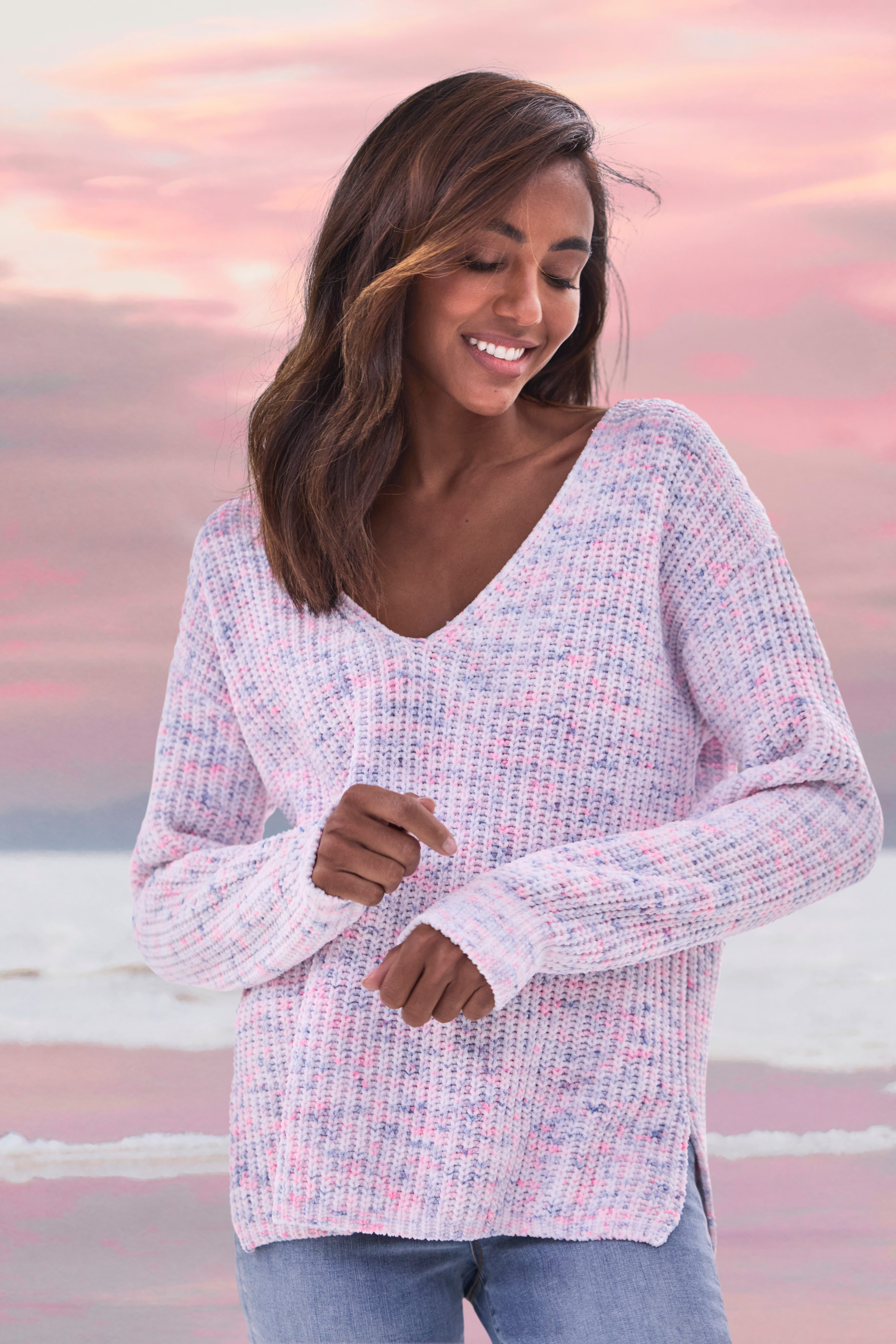 Buffalo V-Ausschnitt-Pullover aus weichem Chenille, Strickpullover, kuschelig weich, Pastell