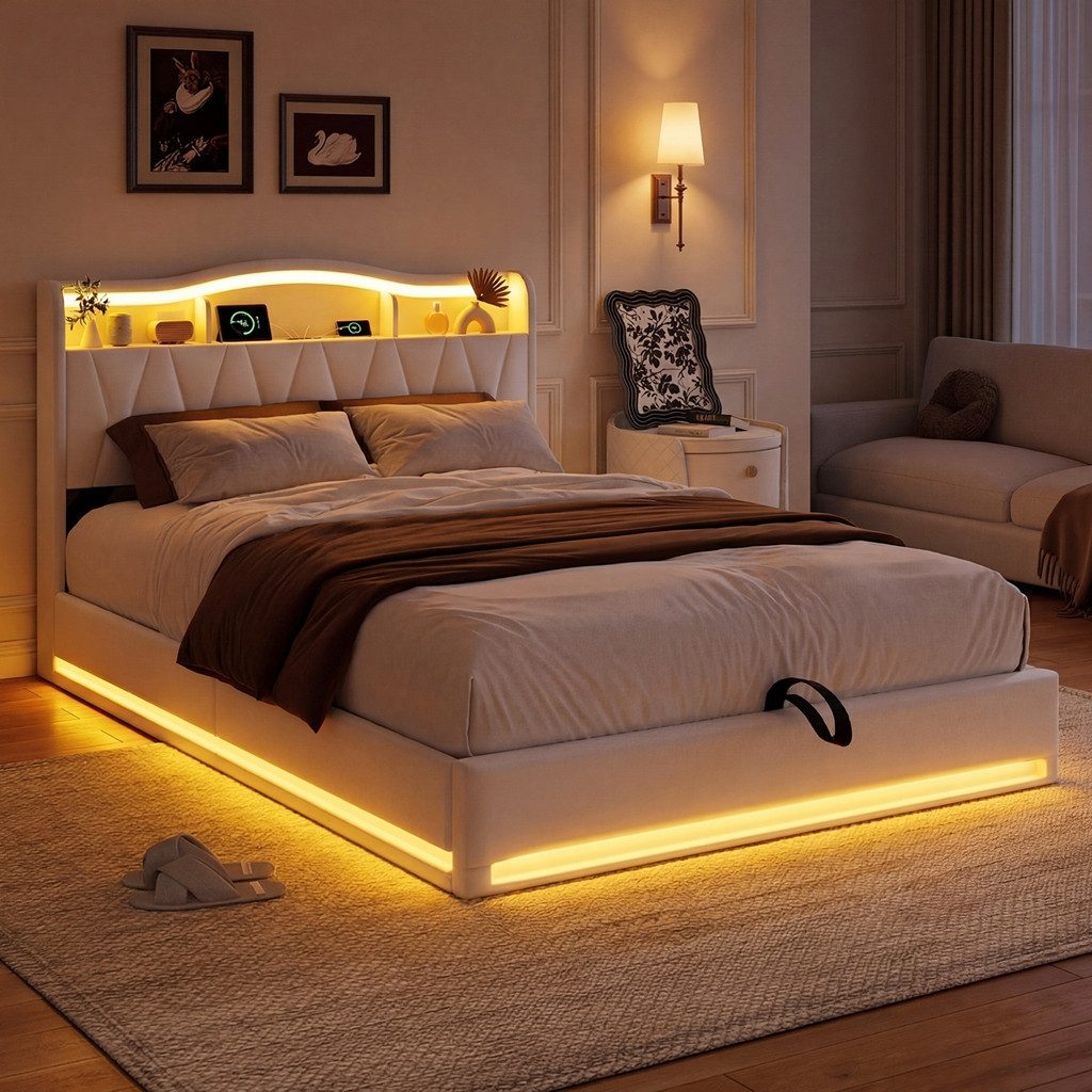 Simurq Polsterbett 140 x 200 cm Doppelbett mit LED Beleuchtung und Ladefunktion, Samt (LED, Ladestation, Hydraulisches Bett mit Bettkasten), Jugendbett Stauraumbett Funktionsbett