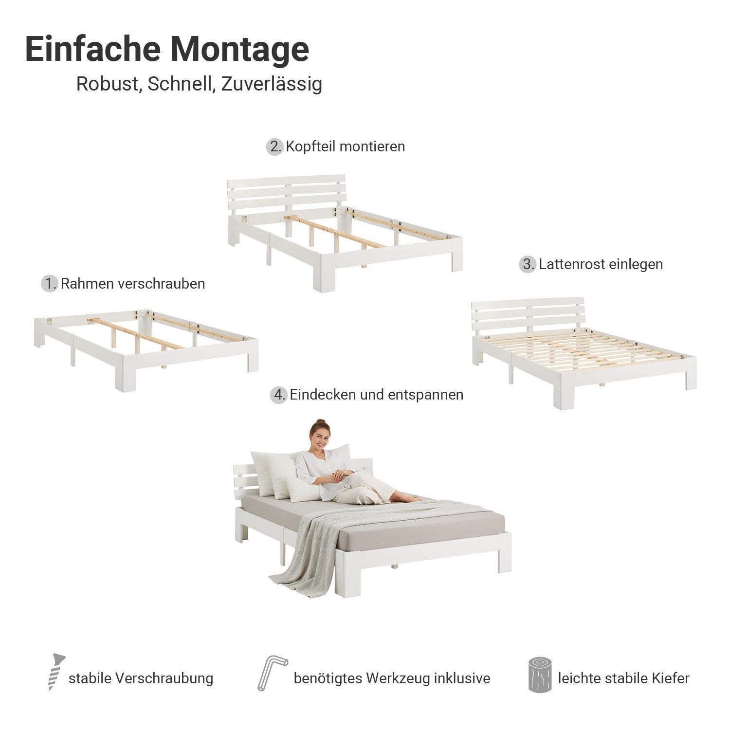 Homestyle4u Massivholzbett 90x200 120x200 140x200 160x200 180x200 Doppelbett Kopfteil Lattenrost (Set, mit Lattenrost, Weiß), 120x200, modern, stabil