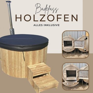 EDEN Holzmanufaktur Badebottich Fix&Fertig, 1100 l, für 4 Personen, inkl. Edelstahl Holzofen, Kamin, Kaminschutz, Einstiegstreppe, Ablauf