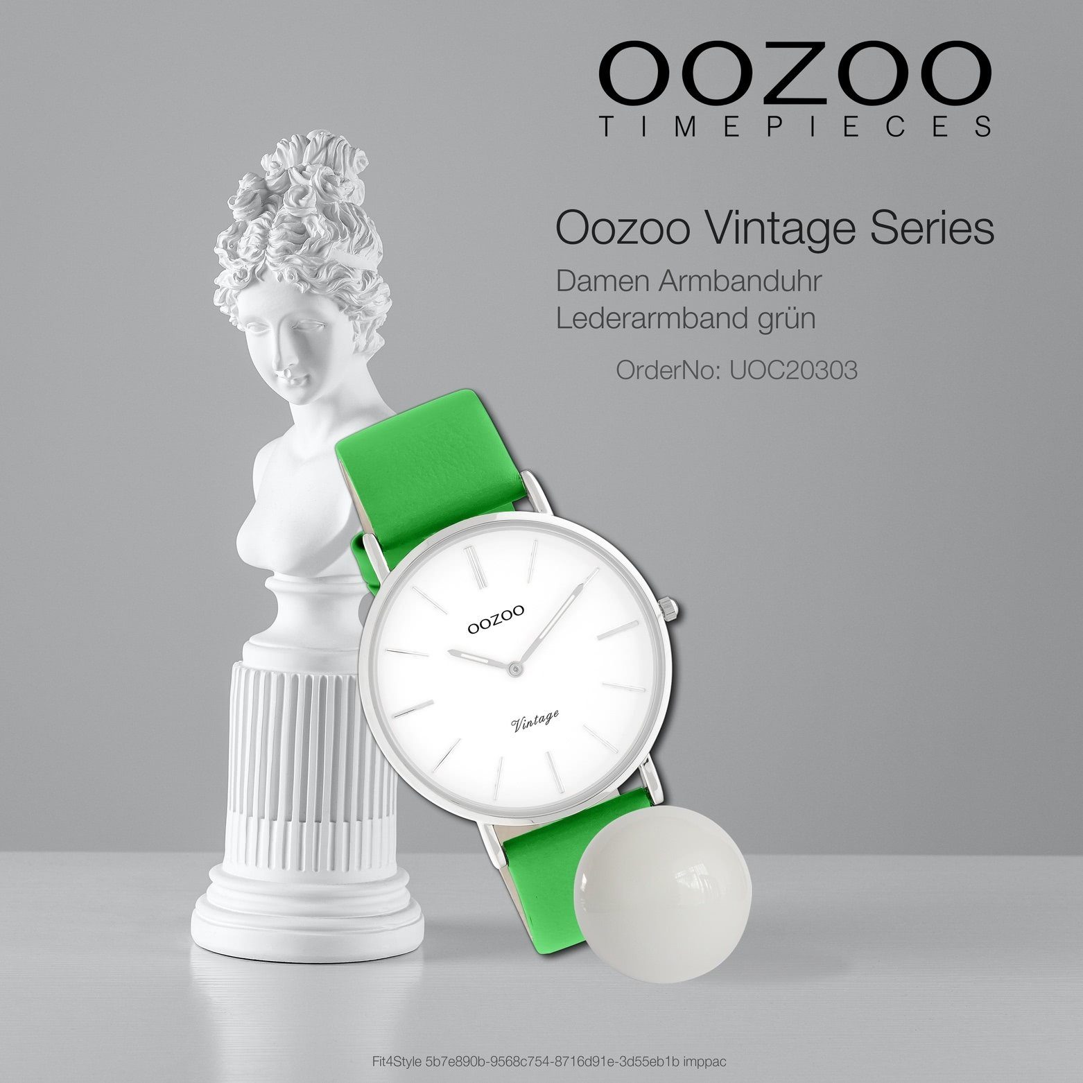 OOZOO Quarzuhr Oozoo Damen Armbanduhr Vintage Series, (Analoguhr), Damenuhr rund, groß (ca. 40mm), Lederarmband grün, Fashion