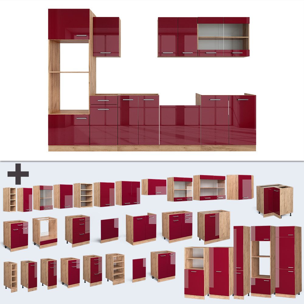 Vicco Küchenzeile R-Line, Rot Hochglanz/Goldkraft Eiche/Goldkraft Eiche, 300 cm mit H...