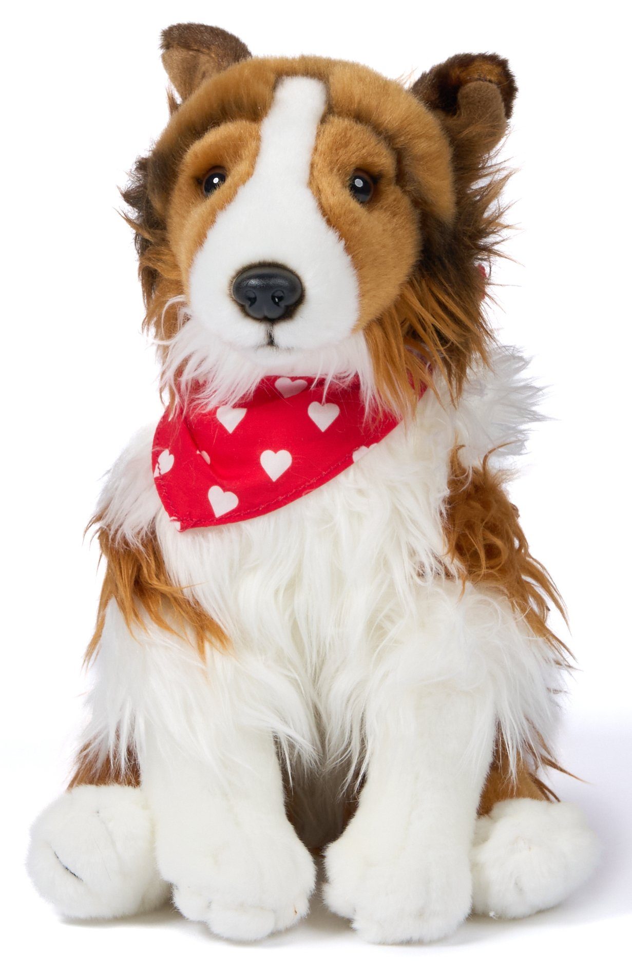 Uni-Toys Kuscheltier Langhaarcollie m. Halstuch (Herzchen-Motiv) - Höhe 27 cm - Plüschtier, zu 100 % recyceltes Füllmaterial