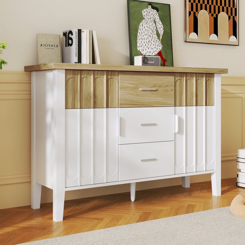 BlingBin Sideboard Kommode (1 St., mit 2 Türen und 3 Schubladen), 120 x 40  x 80 cm, Design in Weiß und Holzfarbe