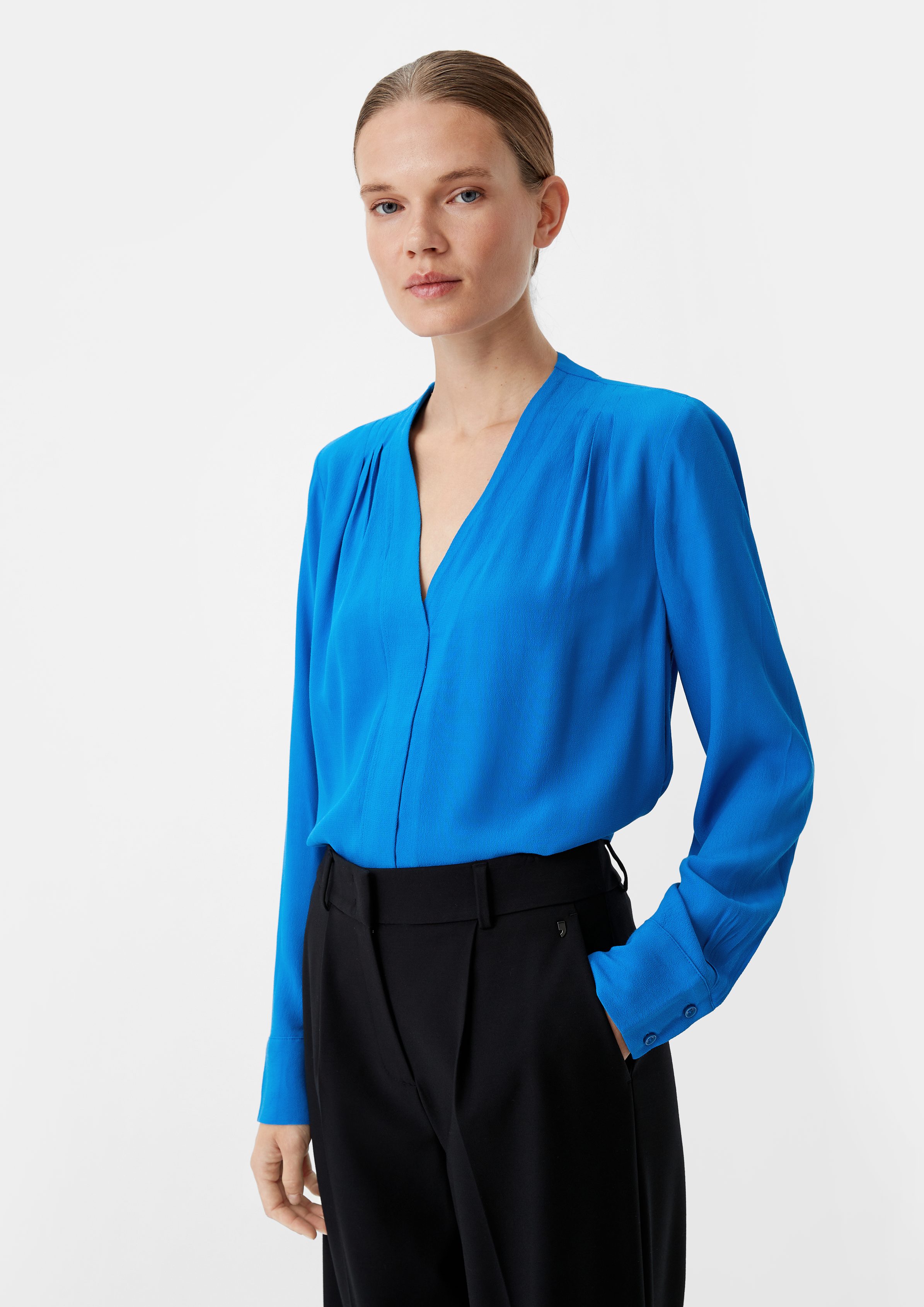 Comma Langarmbluse Crêpe-Bluse mit Plisseefalte royalblau