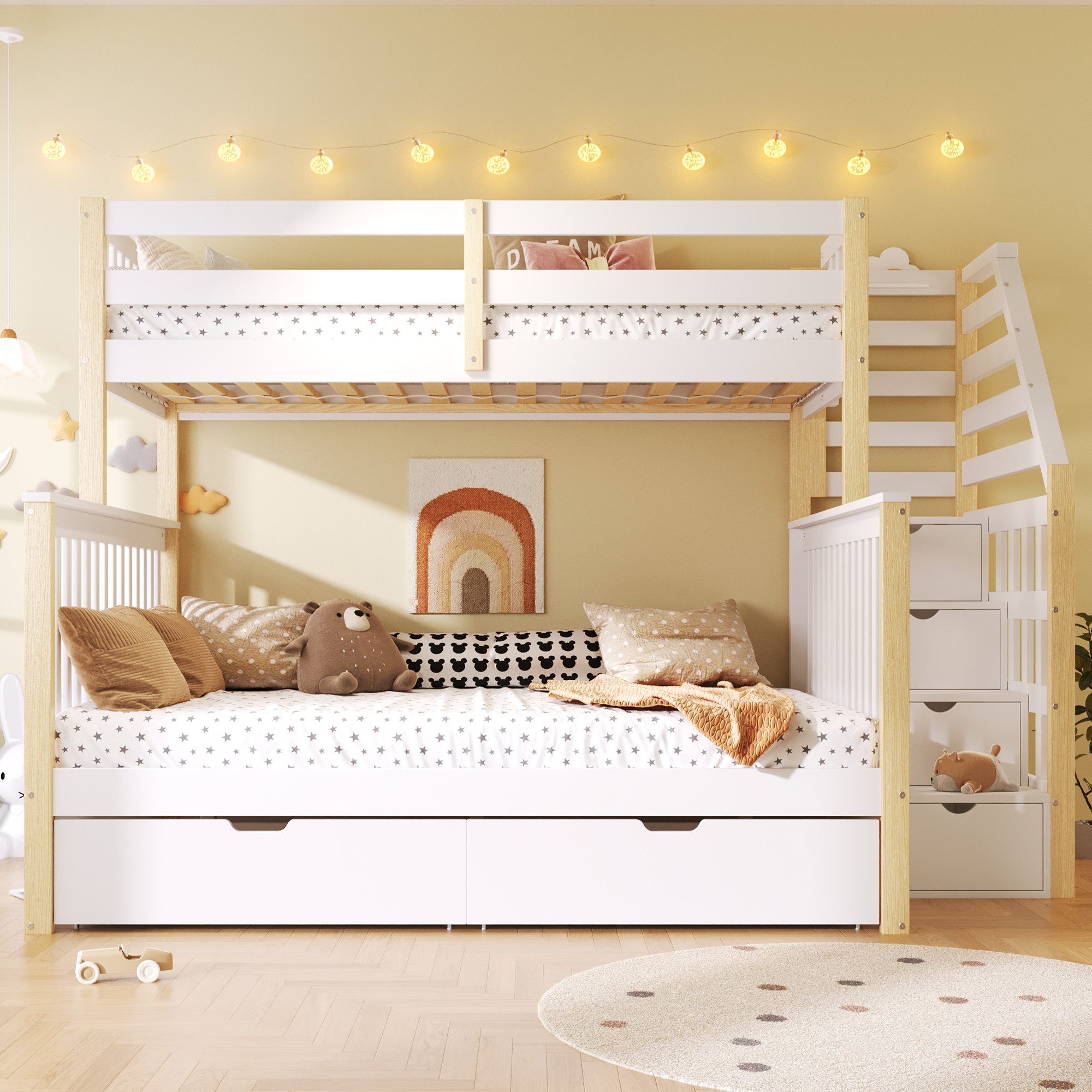 Flieks Etagenbett, Kiefer Kinderbett mit Stauraumtreppe und Schubladen 90x200cm+140x200cm