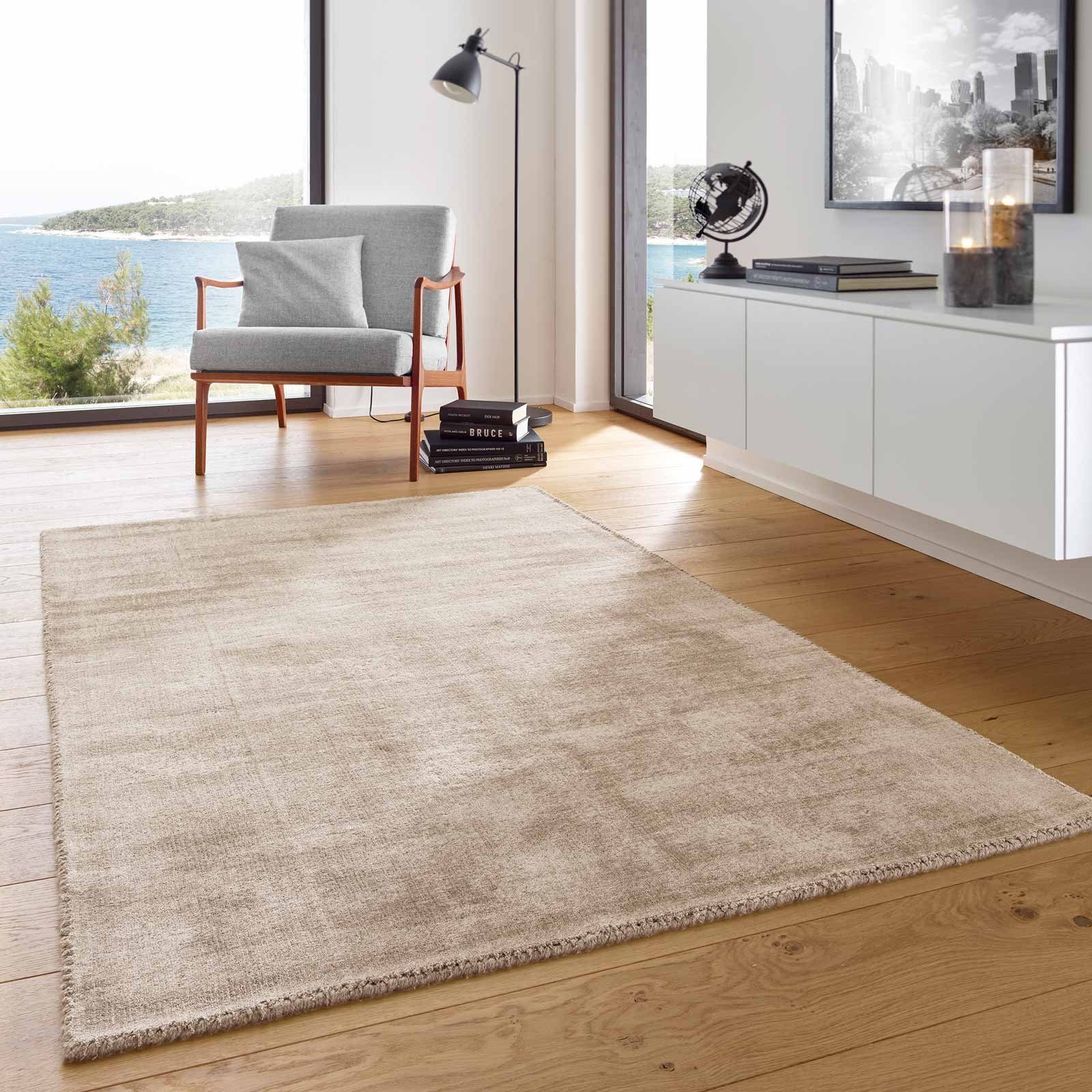 Wohnzimmer Schlafzimmer glänzend rechteckig, TaraCarpet, 080X150 TaraCarpet strapazierfähiger 15 Viscoseteppich Vanessa Handarbeit, mm, cm Esszimmer beige Kurzflor Teppich Höhe: