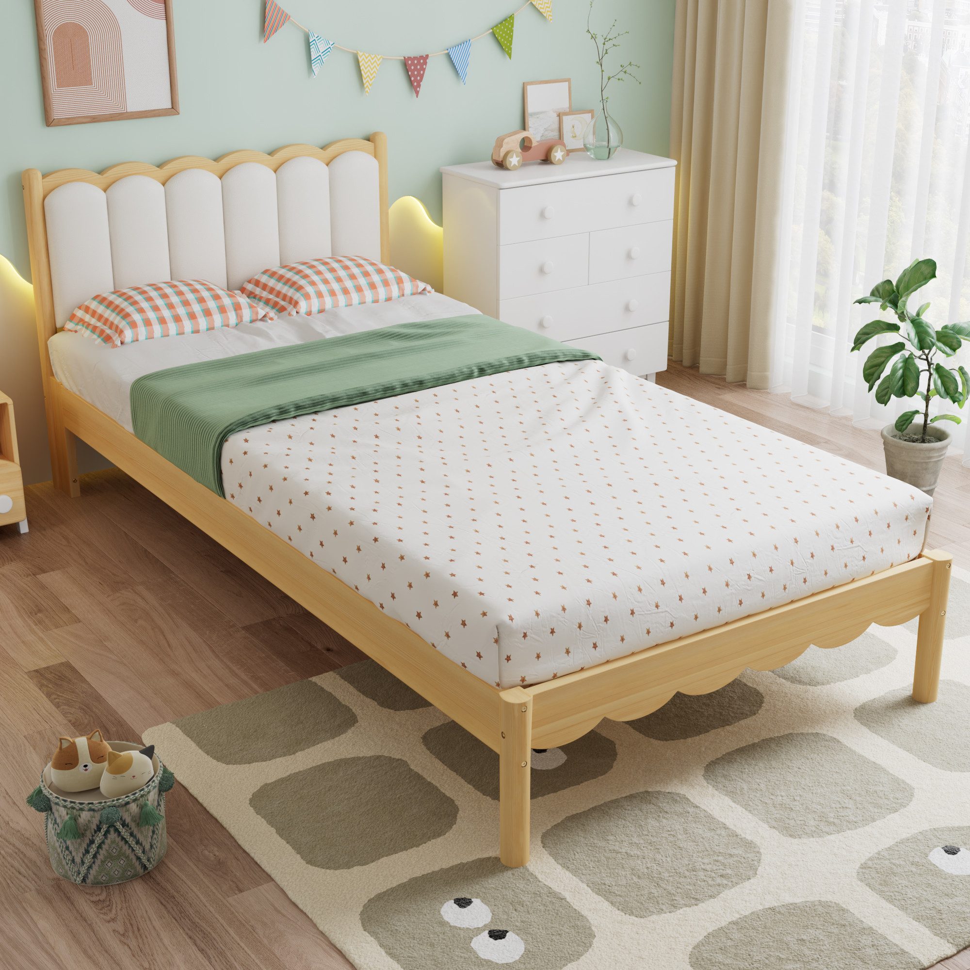 Flieks Kinderbett, Holzbett 90x200cm mit Wellendesign-Kunstleder-Kopfteil