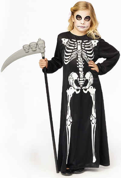 Karneval-Klamotten Kostüm Horror Kinder Gewand mit Skelett Aufdruck, Kinderkostüm Mädchenkostüm schwarz Halloween