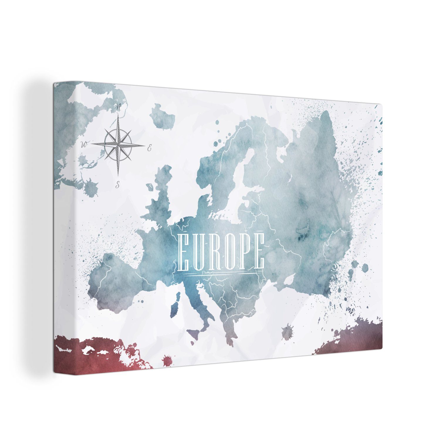 OneMillionCanvasses® Leinwandbild Karte - Europa - Ölfarbe, (1 St), Wandbild Leinwandbilder, Aufhängefertig, Wanddeko, 30x20 cm