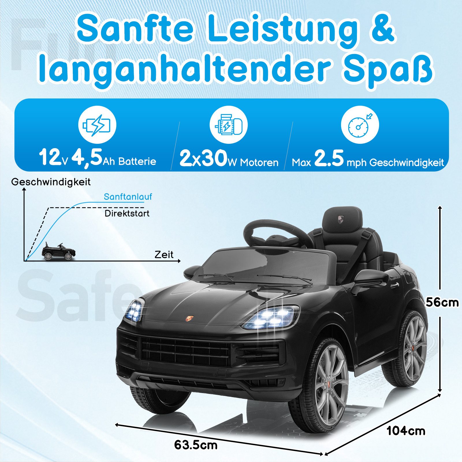 LALAHO Elektro-Kinderauto Kinder Elektroauto Porsche Cayenne Geländewagen Fernsteuerung, 2,4G-Fernbedienung, mit MP3, Musik, Hupe, LED-Leuchten