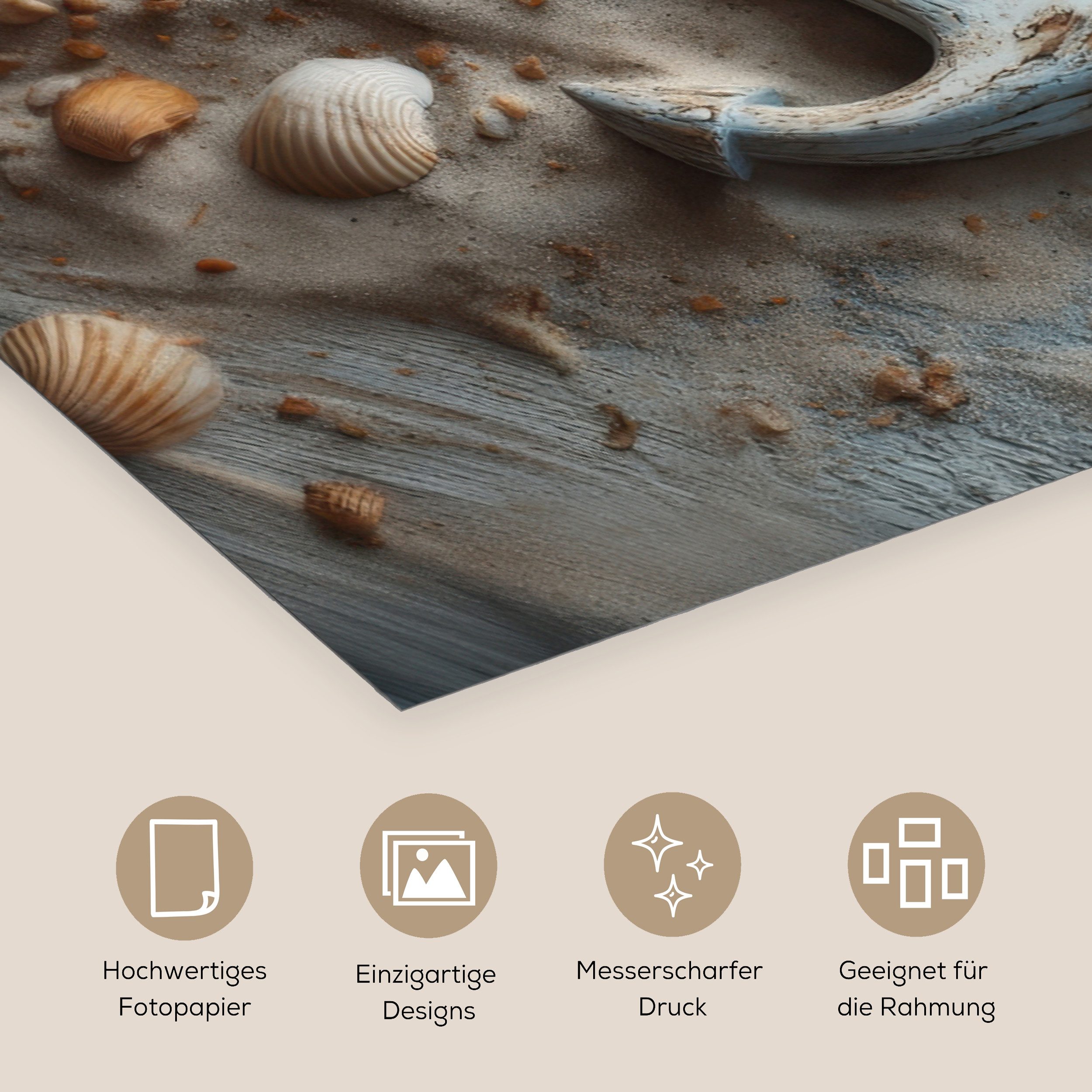 MuchoWow Poster Anker - Holz - Muscheln - Sand, (1 St), Poster ohne Rahmen, Wandbild, Wandposter, 30x20 cm