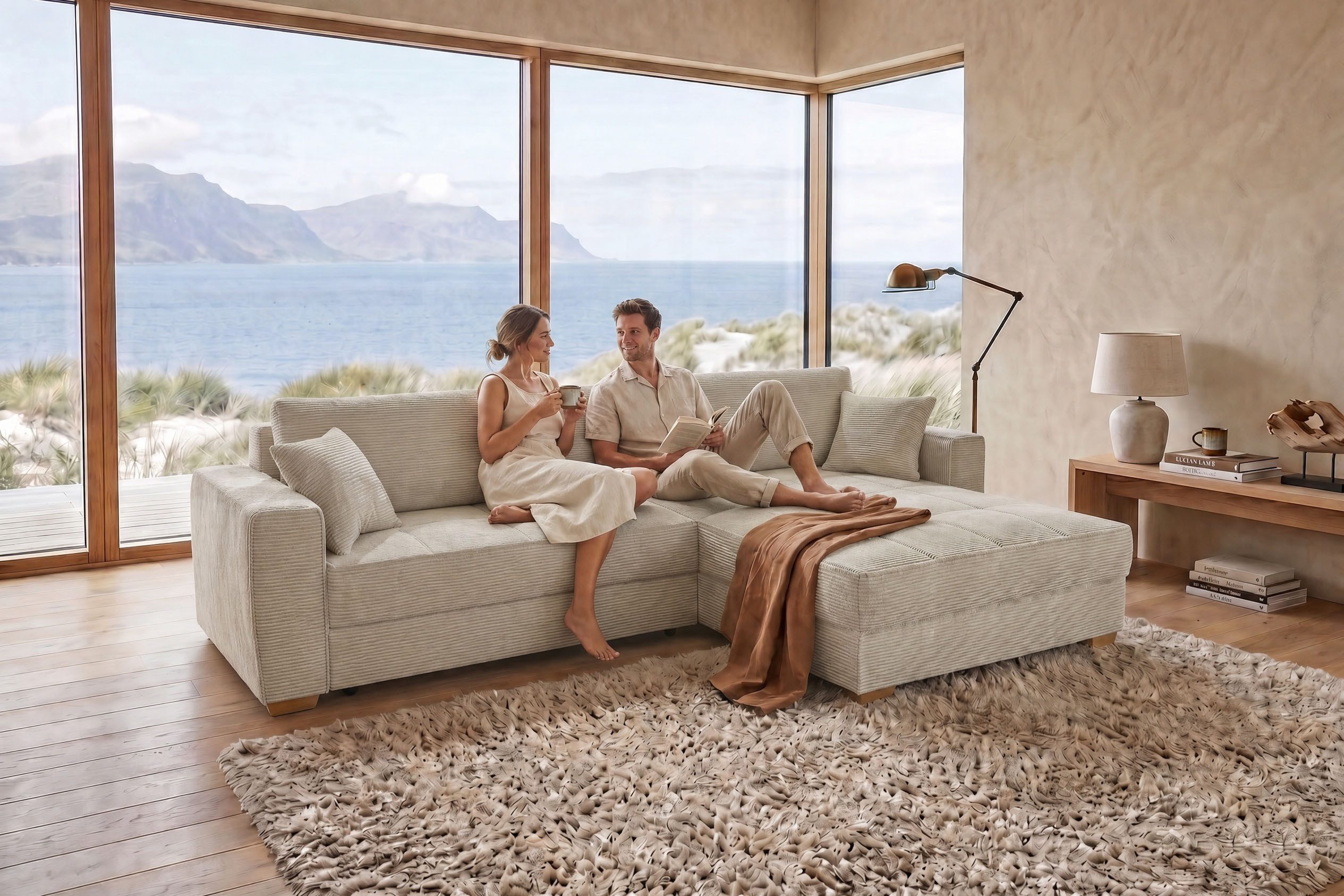 Jockenhöfer Gruppe Ecksofa Bologna, L-Form, Breite: 298 cm, Cord-Bezug, beidseitig montierbar, mit Schlaffunktion, Bettkasten & Zierkissen, XXL-Ottomane