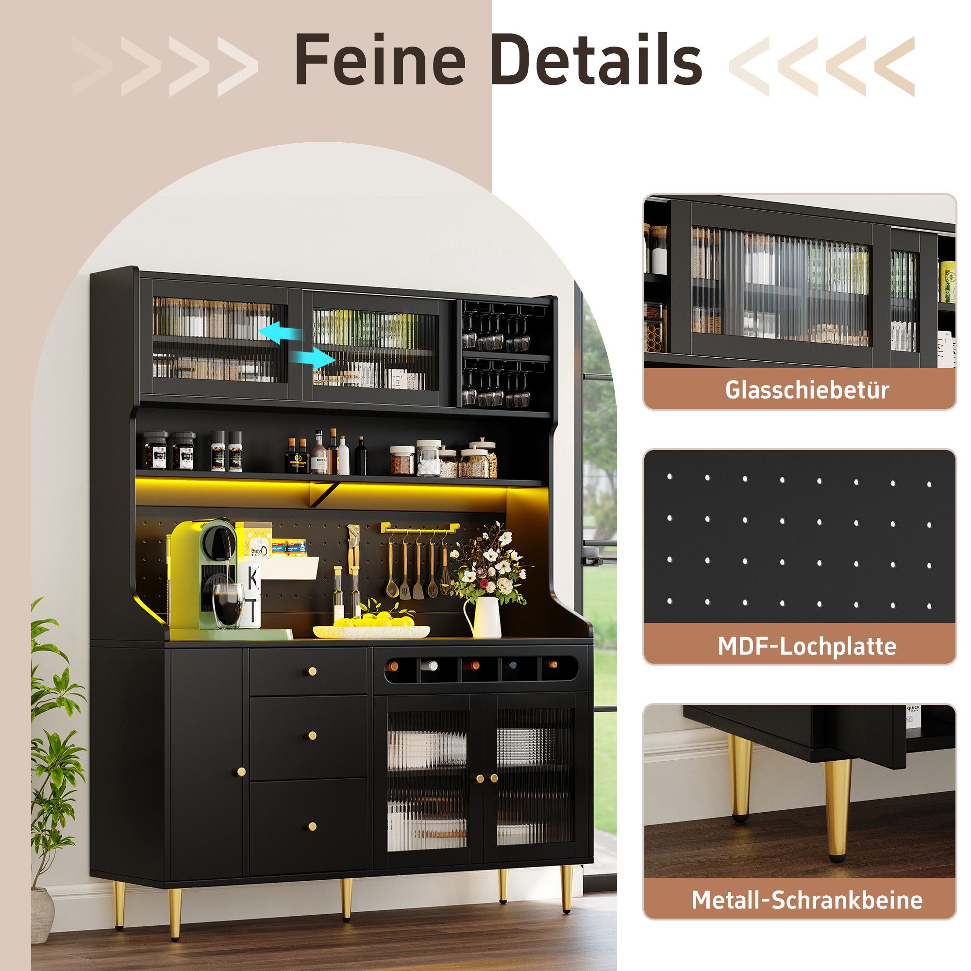 Celya Buffet Hochschrank mit LED und Weinregal (145×39×171cm, mit verstellbaren Einlegeböden) fürs Wohnzimmer, Küchenschrank, Esszimmerschrank