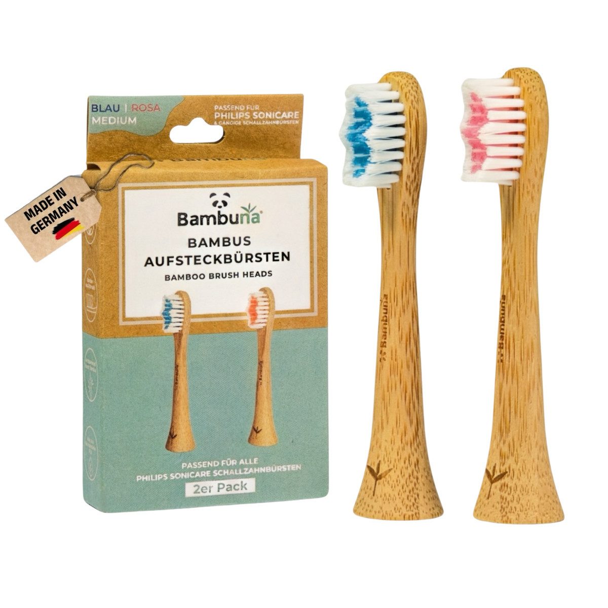 Bambuna Aufsteckbürsten Sonicare Ersatzbürsten aus Bambus, passend für Philips Sonicare Schallzahnbürste - plastikfrei & biologisch abbaubar, Spar-Set, B2 Optimal White mit Tripleclean-Borstenprofil - Mittelweiche Borsten