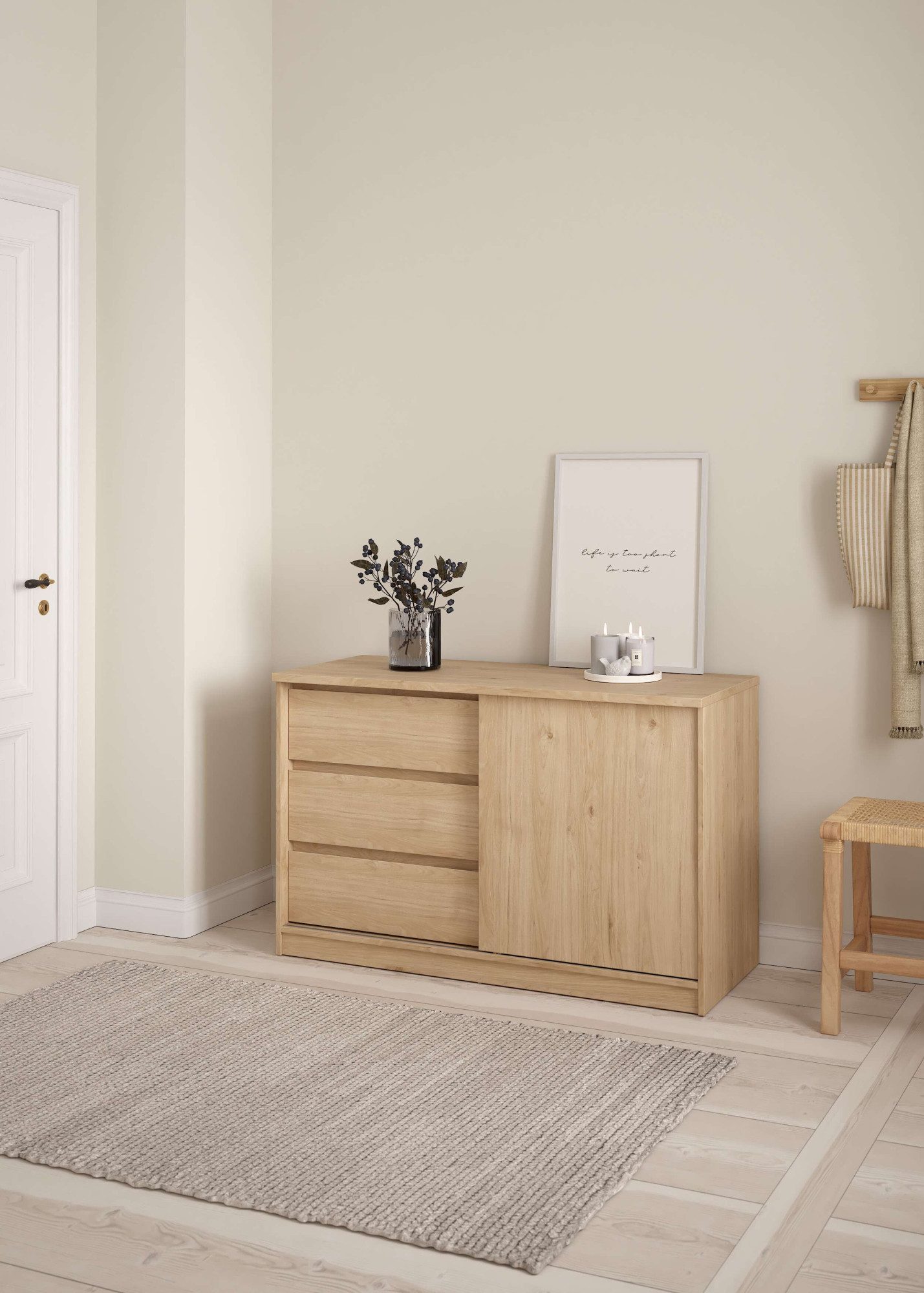 INOSIGN Sideboard Naia Aufbewahrung, Schuhkommode, Stauraumkommode, Schuhschrank, Kommode mit 1 Schiebetür und 3 Schubladen, Breite 119 cm, Höhe 76 cm