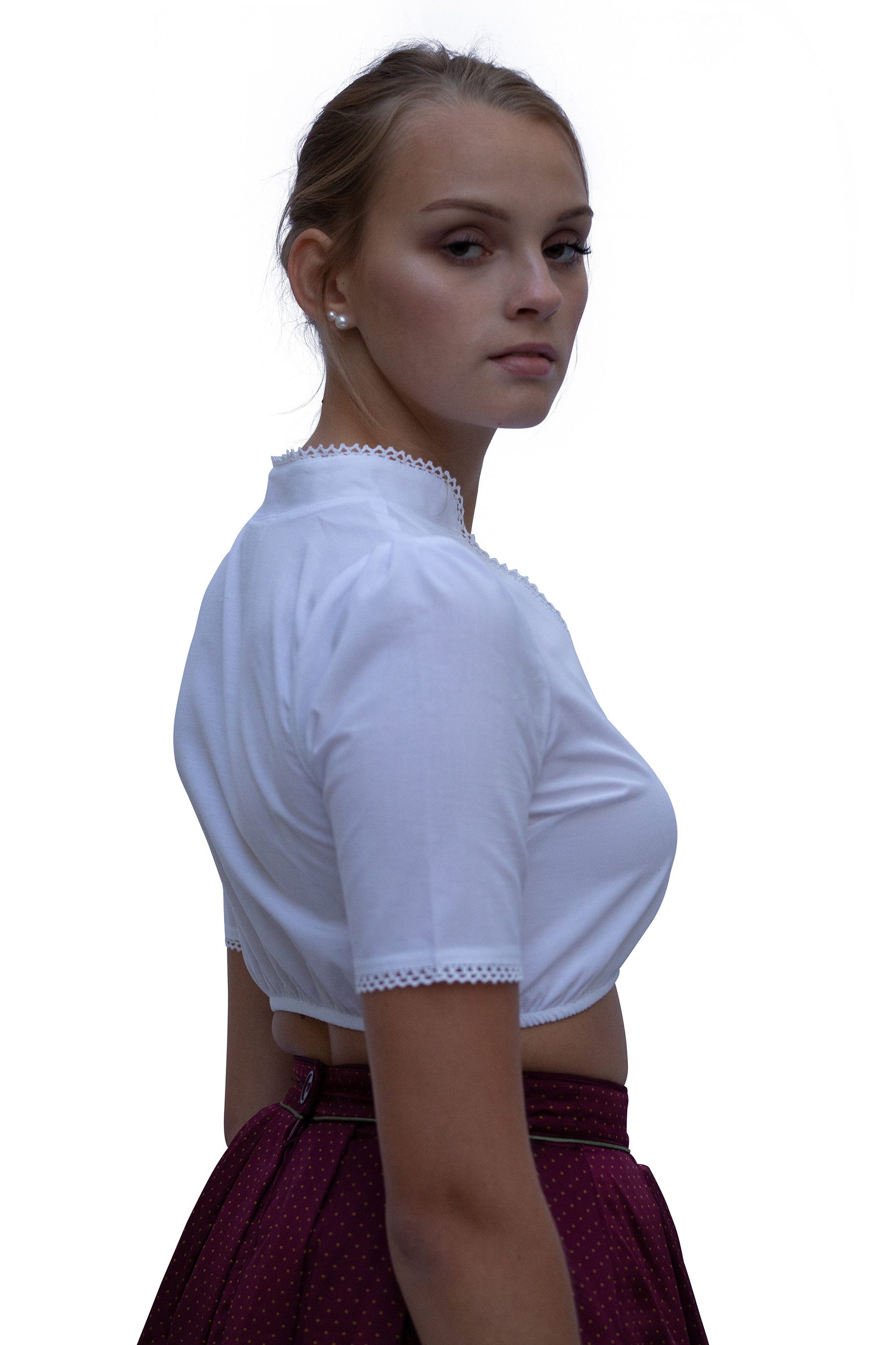 Dirndl Bluse Damen Weiß - Flügelärmel Mit V-Ausschnitt