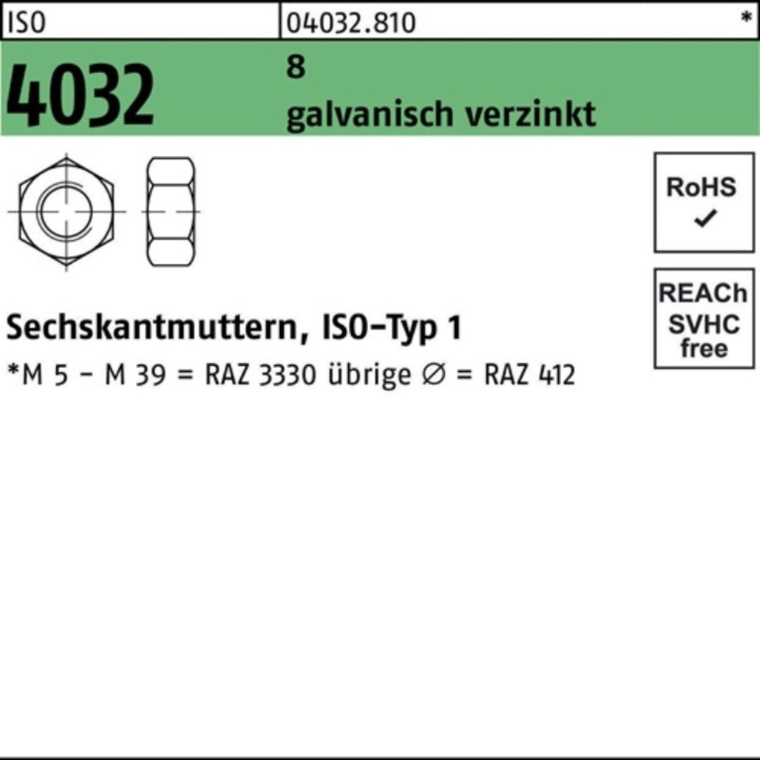 Bufab Pack Muttern 4032 Sechskantmutter 8 galv.verz. 40 ISO ISO 100er Stück 100 M10