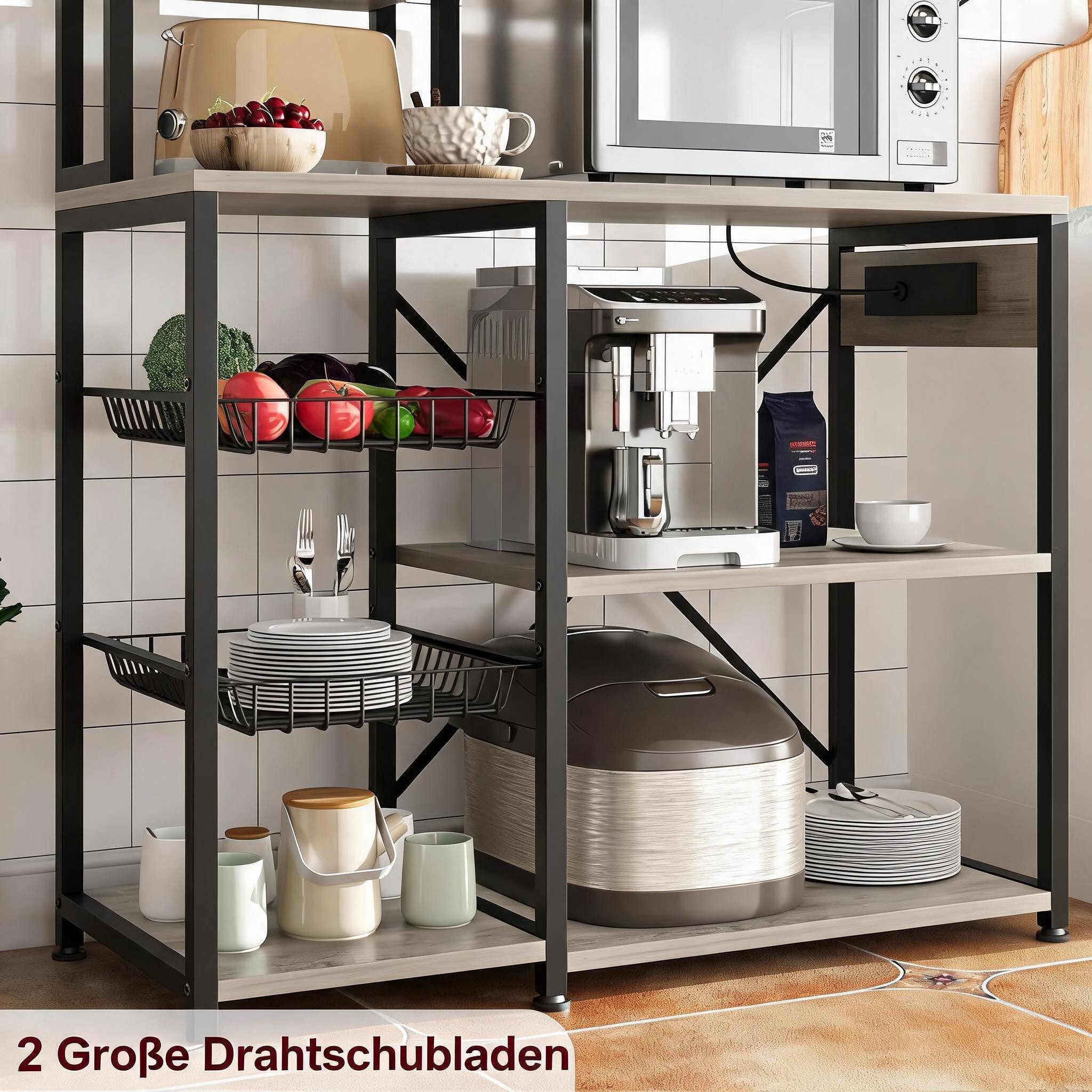 GarveeMore Standregal Küchenregal Mehrzweckregal Ablageregal mit Steckdose, Drahtkorb, Haken, 1-tlg., Hoch 178 cm, 7-stöckiges Schwerlastregal Gewürzregal Staur – Bild 5 von 5