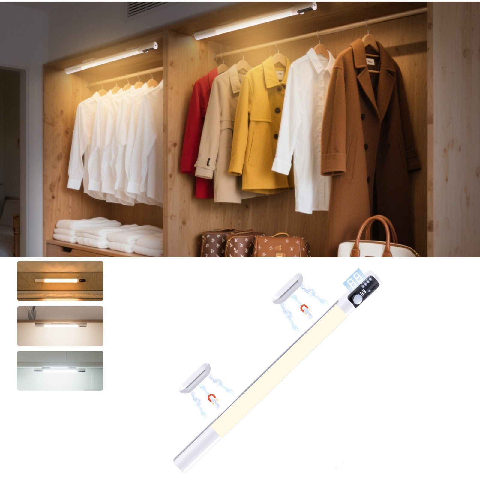 Elegear LED Unterbauleuchte 38/40 cm LED Lampe dimmbar, küchenlampe mit Bewegungsmelder, 2000 mAh Akku, 3 Farbtemperaturen, LED Leiste, LED festintegriert, LED Nachttischlampe, Warmweiß, Kaltweiß, Neutralweiß, Bewegungsmelder Licht, Schranklicht für Flur, Wohnwand, Schlafzimmer