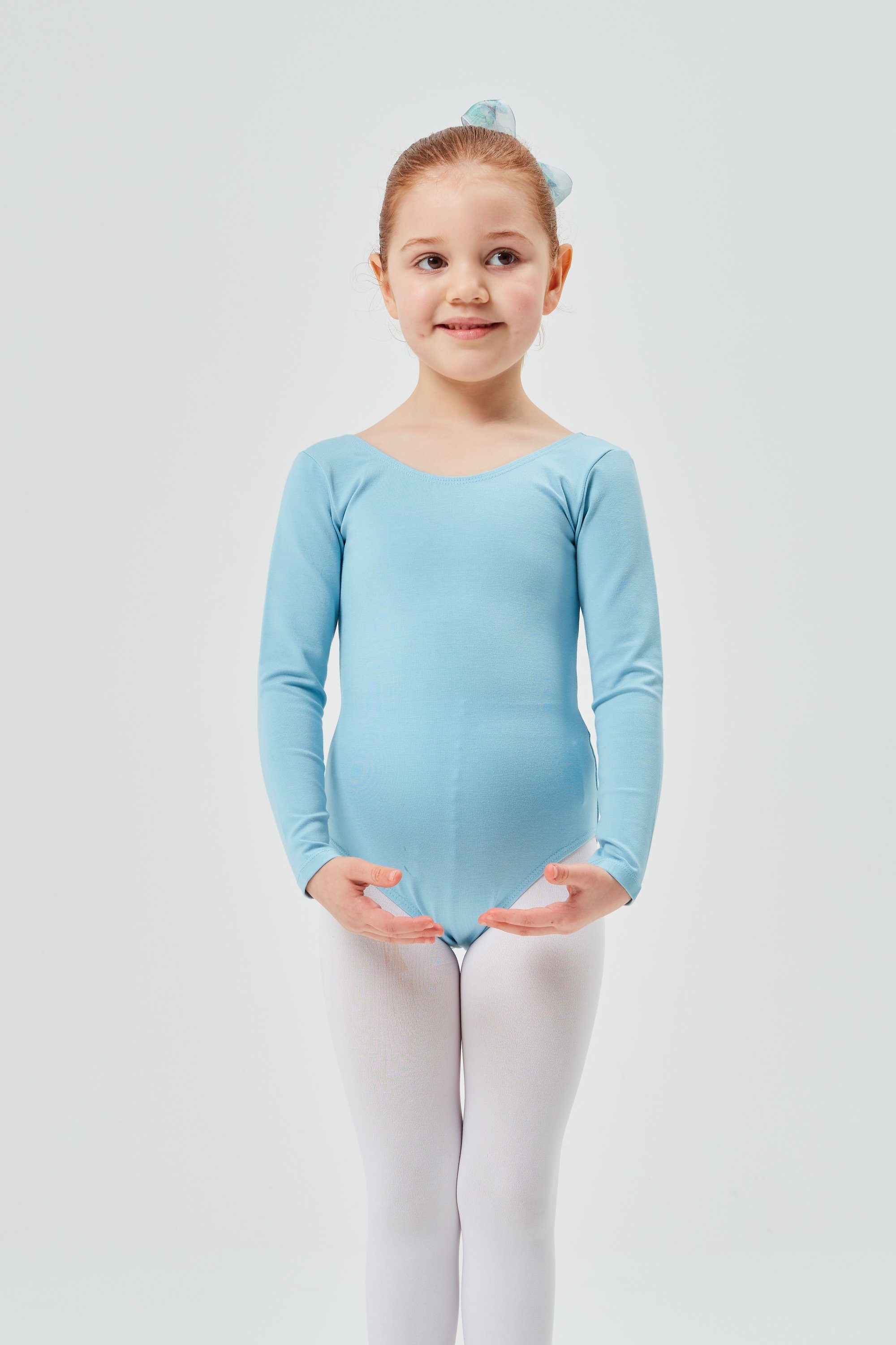 Ballett Langarm Body weichem aus Kinder Baumwollmischgewebe hellblau tanzmuster Trikot fürs Ballettbody Lilly