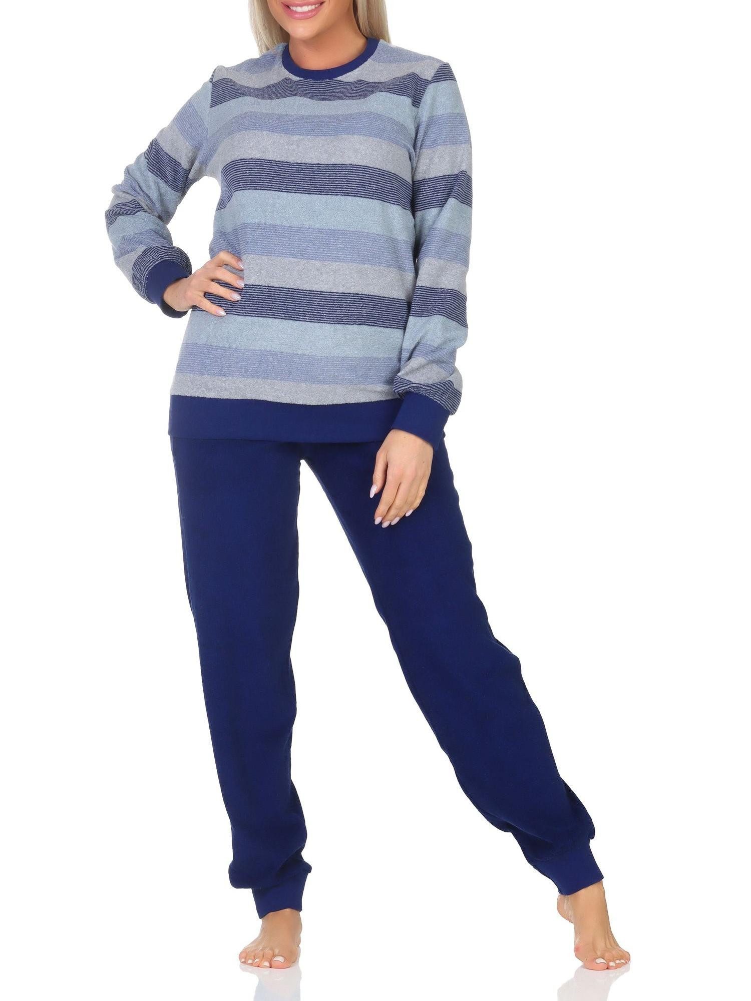 Pyjama Damen Frottee Schlafanzug mit Bündchen in elegantem Streifendesign