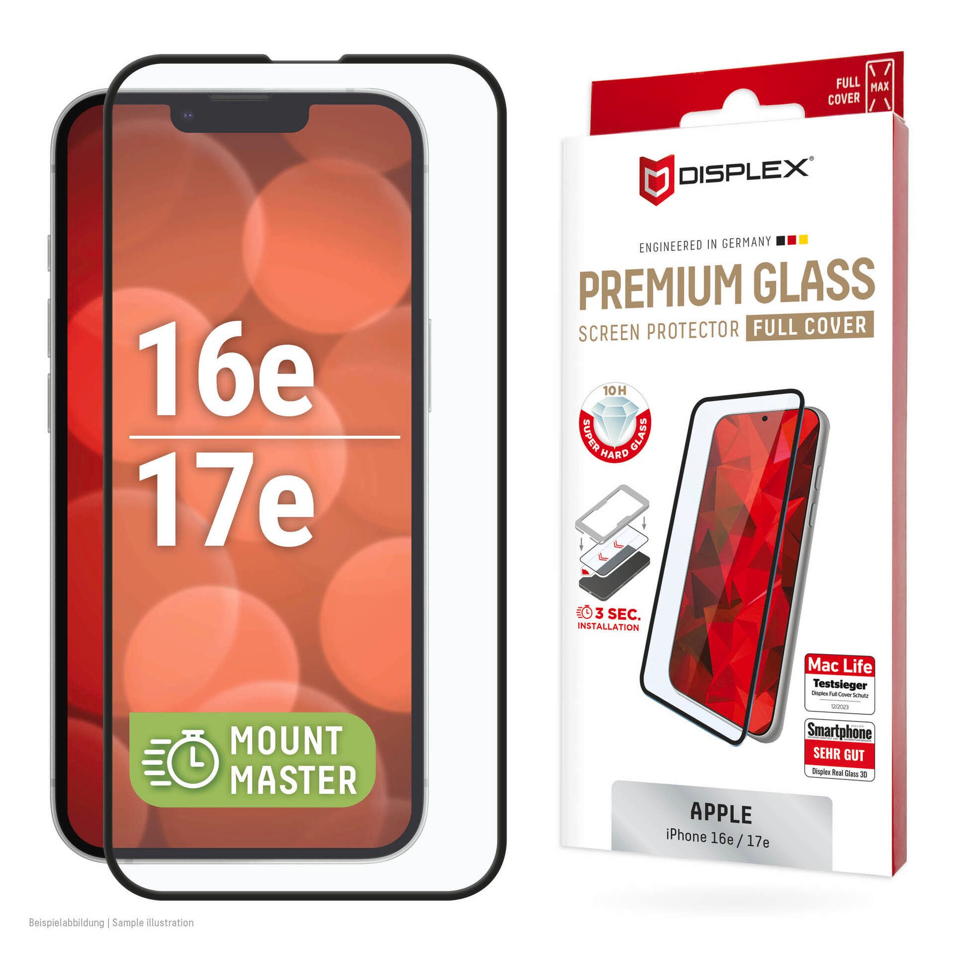 Displex Displayschutzglas Premium Glass Screen Protector mit EASY-ON MountMaster für Apple iPhone 16e, Apple iPhone 17e, Displayschutzfolie, Schutzfolie, Bildschirmschutz, kratz- & stoßfest