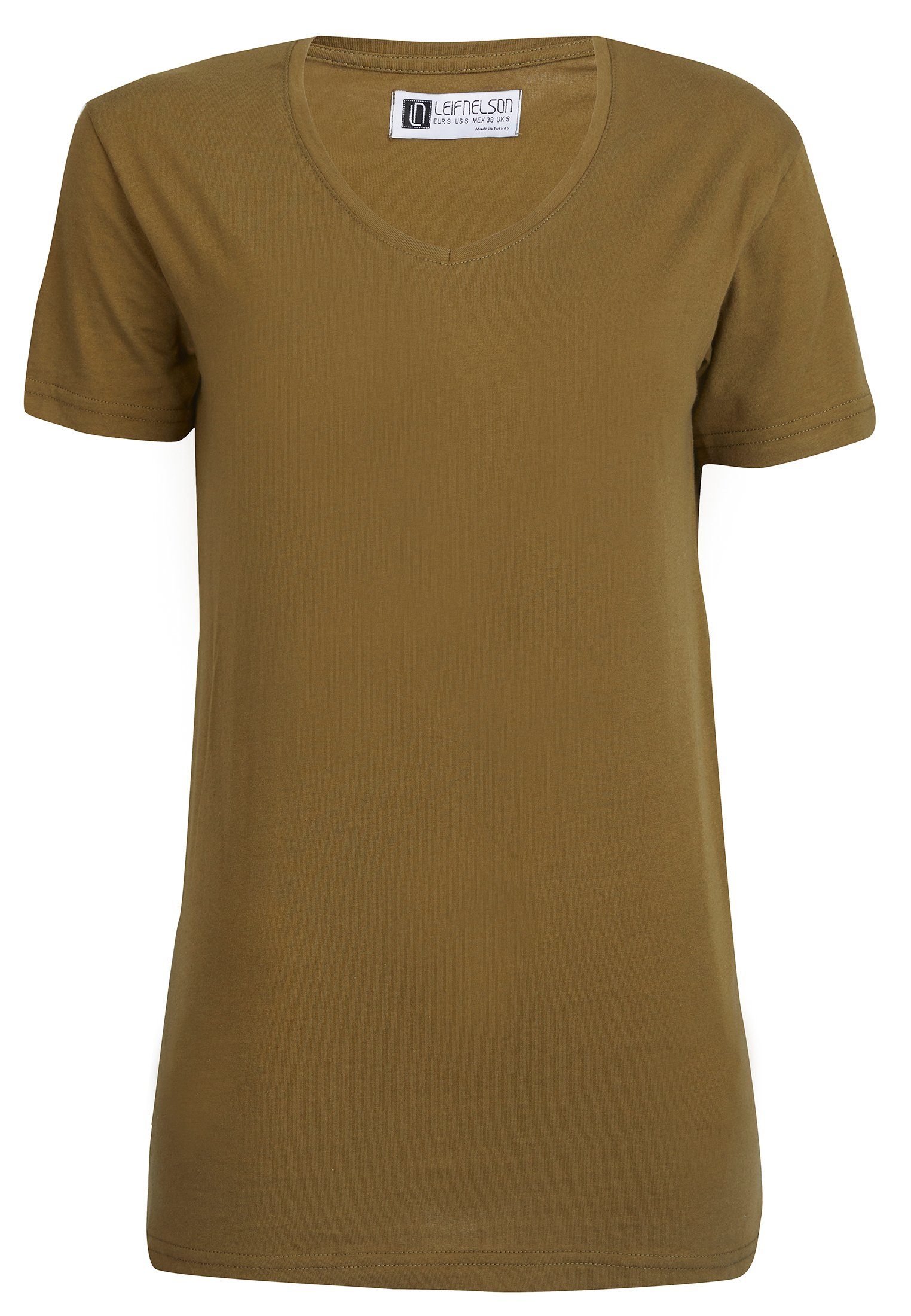 Leif Nelson T-Shirt T-Shirt LN-6372 khaki V-Ausschnitt Herren