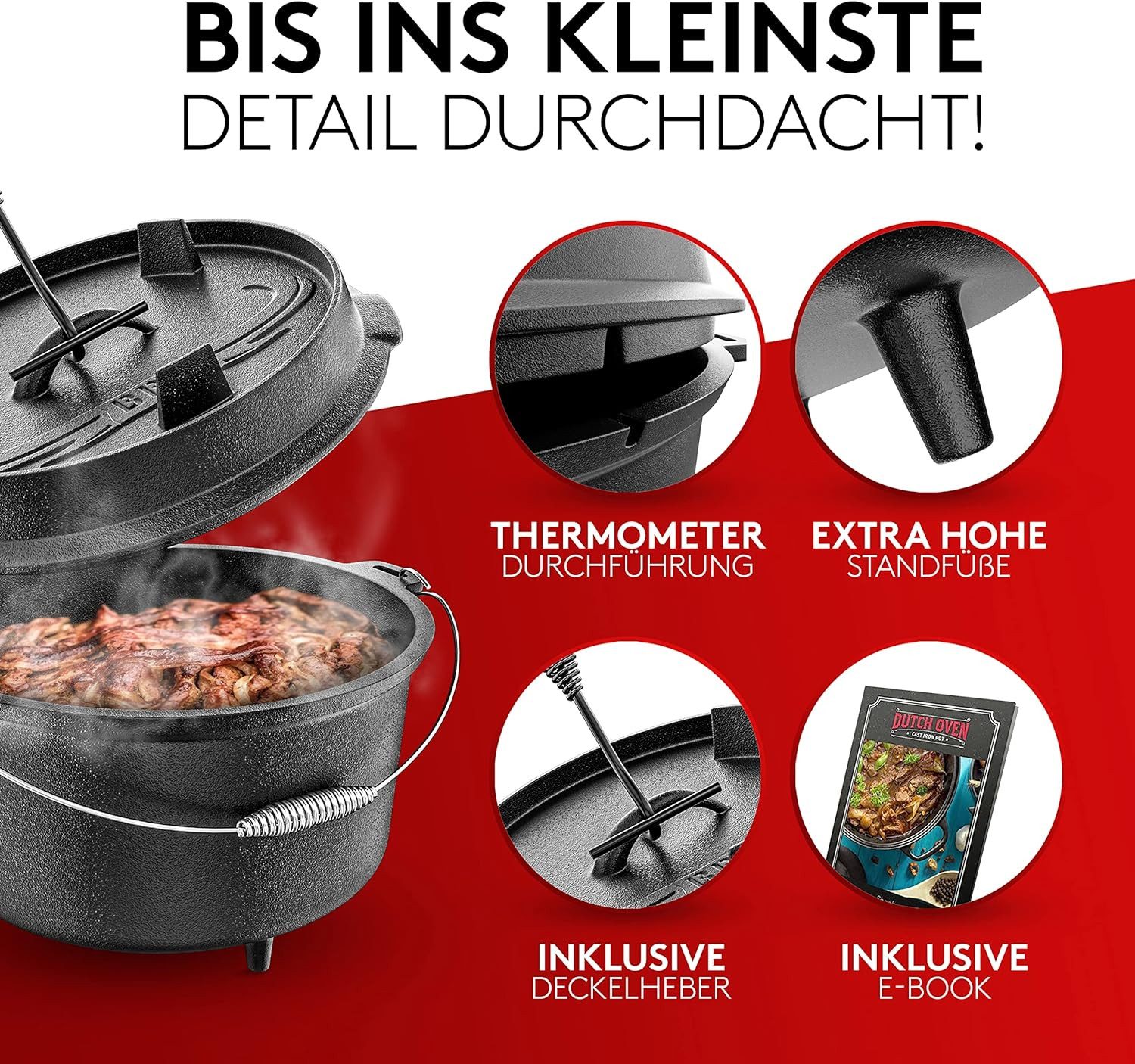 Taste of Fire Feuertopf BBQ Dutch Oven Feuertopf - Gusseisen Set 7L für Grill & Lagerfeuer, Gusseisen, Voreingebrannt inklusive Topfständer, Deckelheber und E-Book